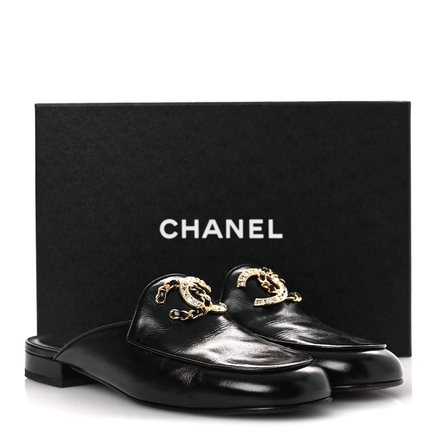 Shiny Calfskin Crystal CC Mules 41 Black