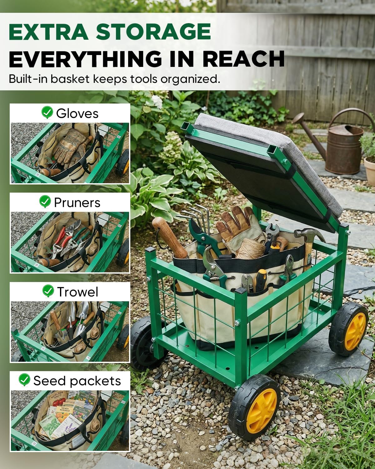 Saker Rolling Garden Cart with Seat & Wheels 15.7