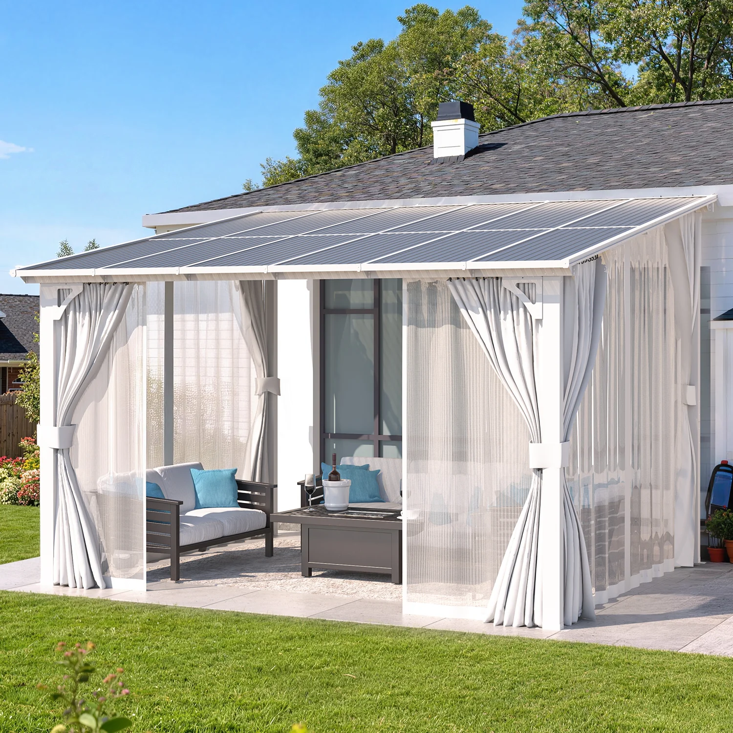AECOJOY 12'x10' Wall Gazebo with Curtains and Mosquito Netting, White