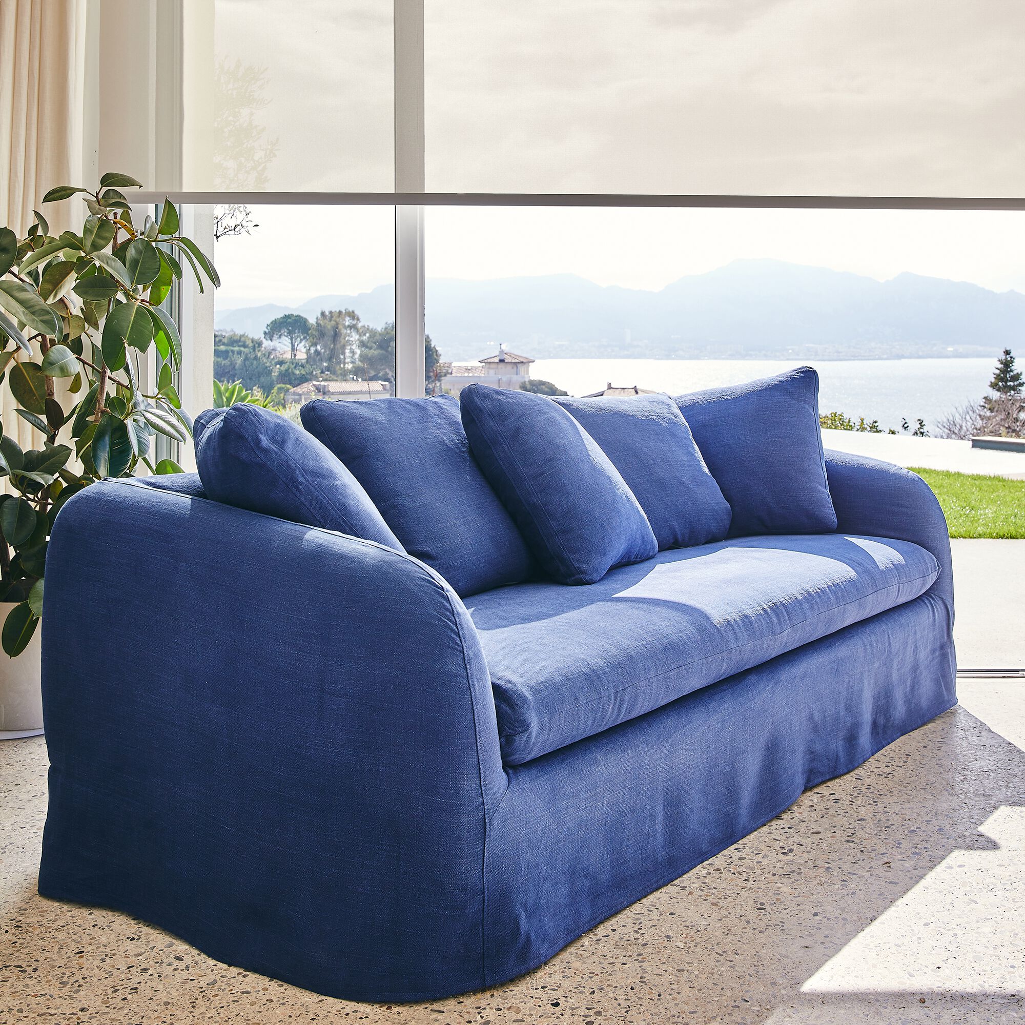 MARCEL - Canapé 3 places fixe en lin - bleu marine