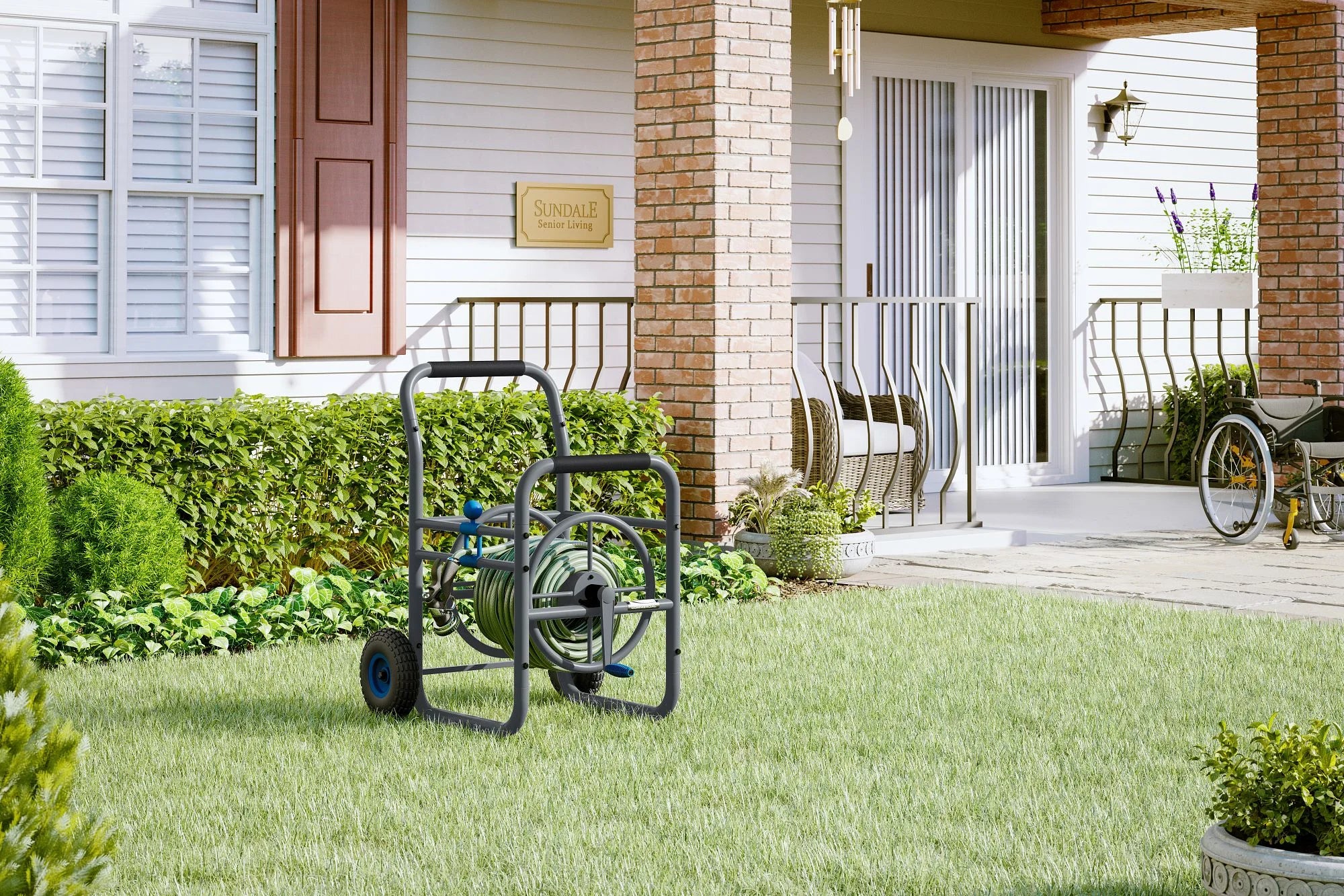 Suncast Commercial Grade Steel Outdoor Garden Hose Reel Cart, Blue/Gray