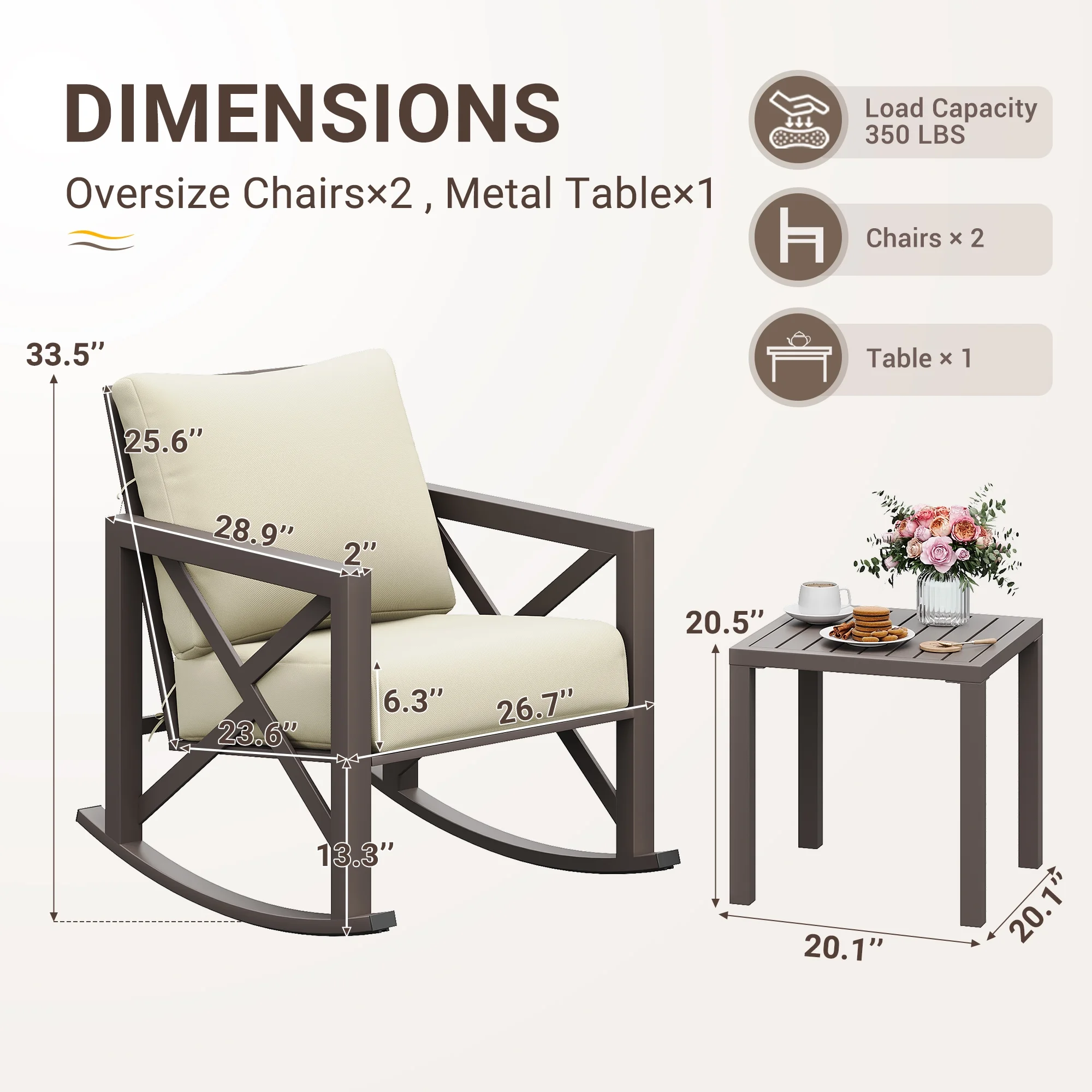 Rocking Chair Bistro Set,3 Piece Outdoor Patio Furniture Set with 2 Rockers and 1 Metal Coffee Table with Thick Cushions for Porch,Backyard,Poolside,Beige(Beige) - Image 2