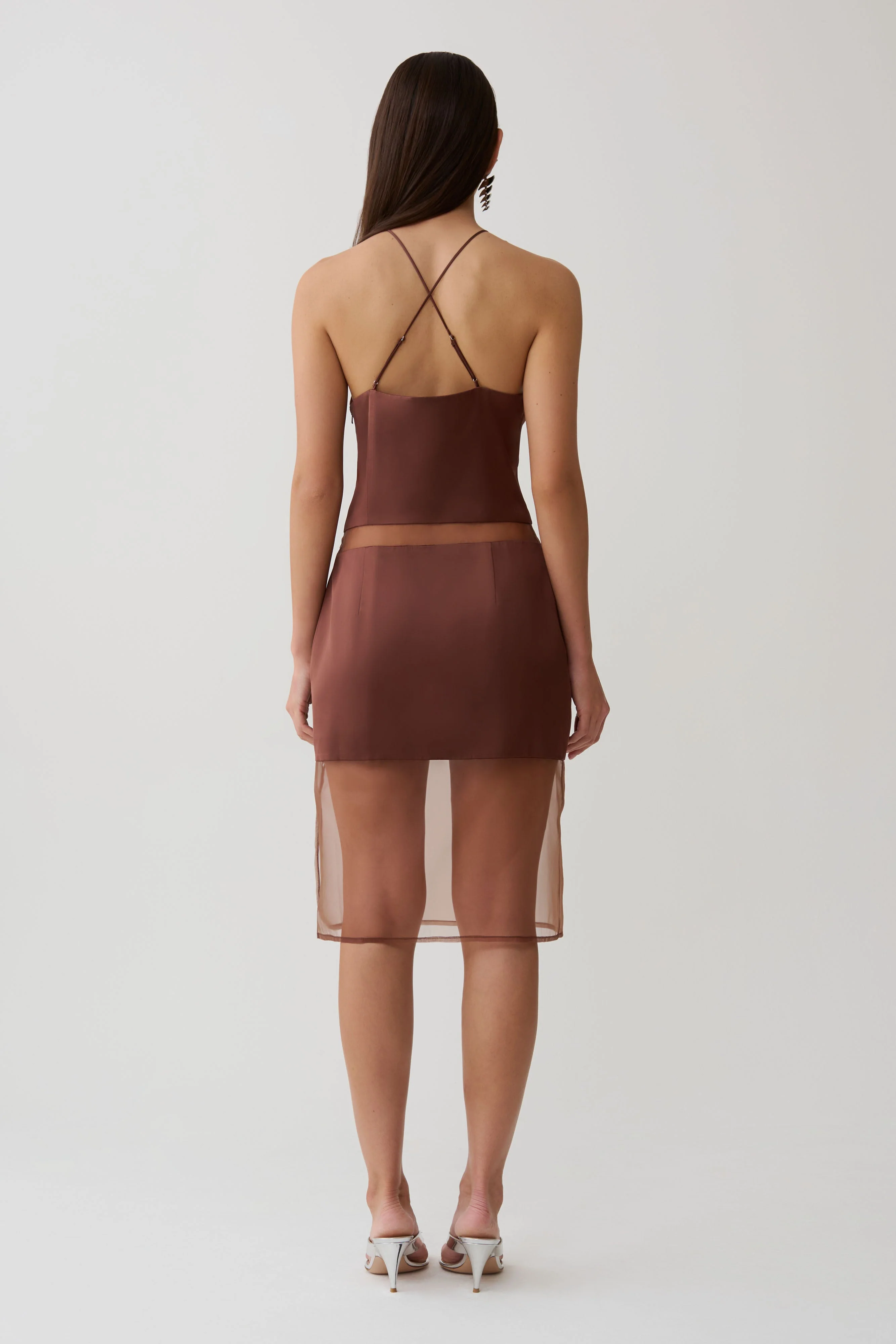 Priscilla Sheer Halter Midi Dress - Dark Chocolate