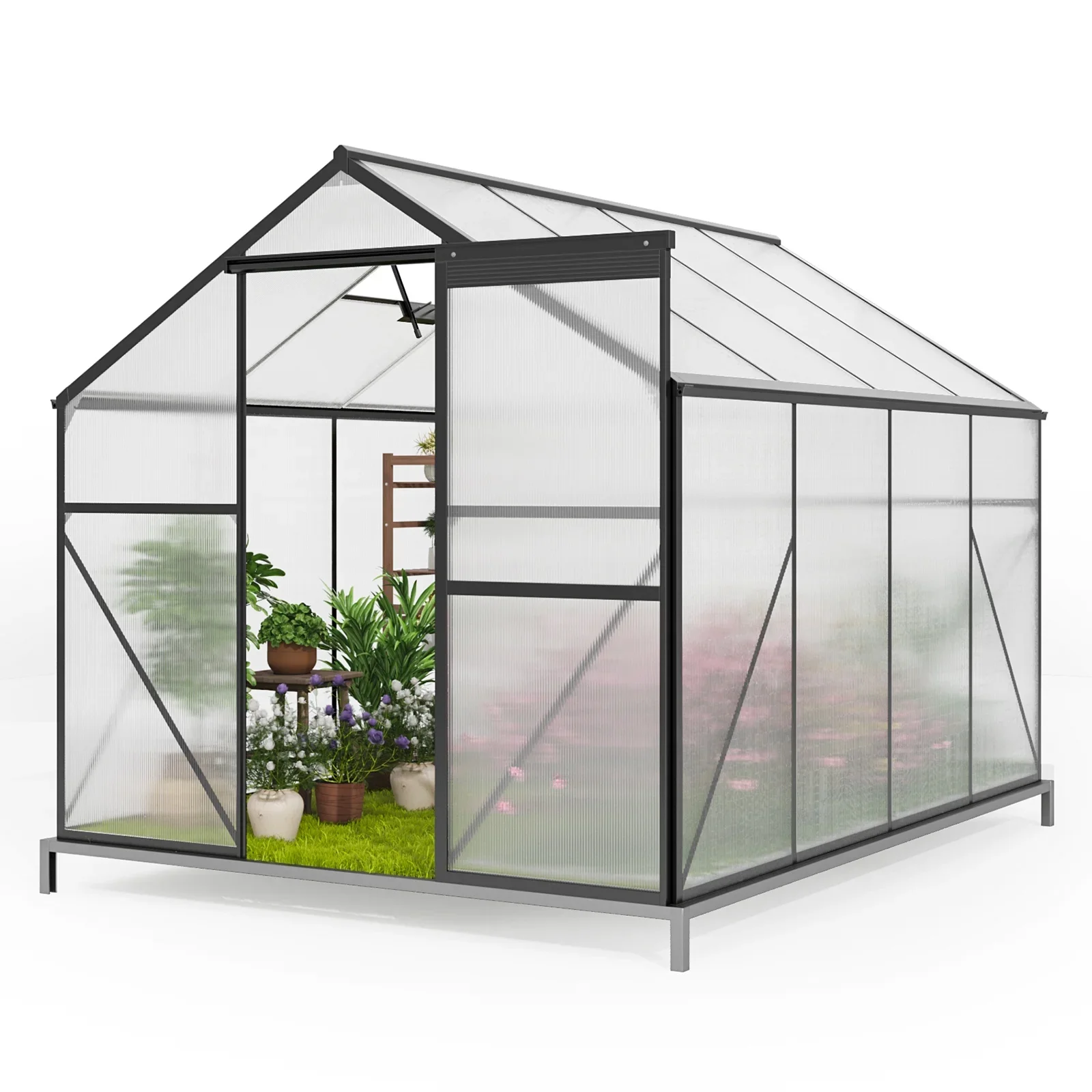 Asofer 8x6 FT Greenhouse with Lockable Hinged Door Vent Window, Polycarbonate Walk-in Winter Greenhouse Sunroom, Black
