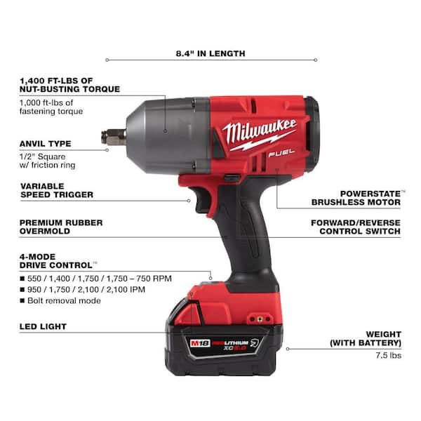 M18 FUEL 18V Lithium Ion Brushless Cordless 1/2 in High Torque Impact Wrench with Grease Gun Kit, Resistant Batteries Image 4