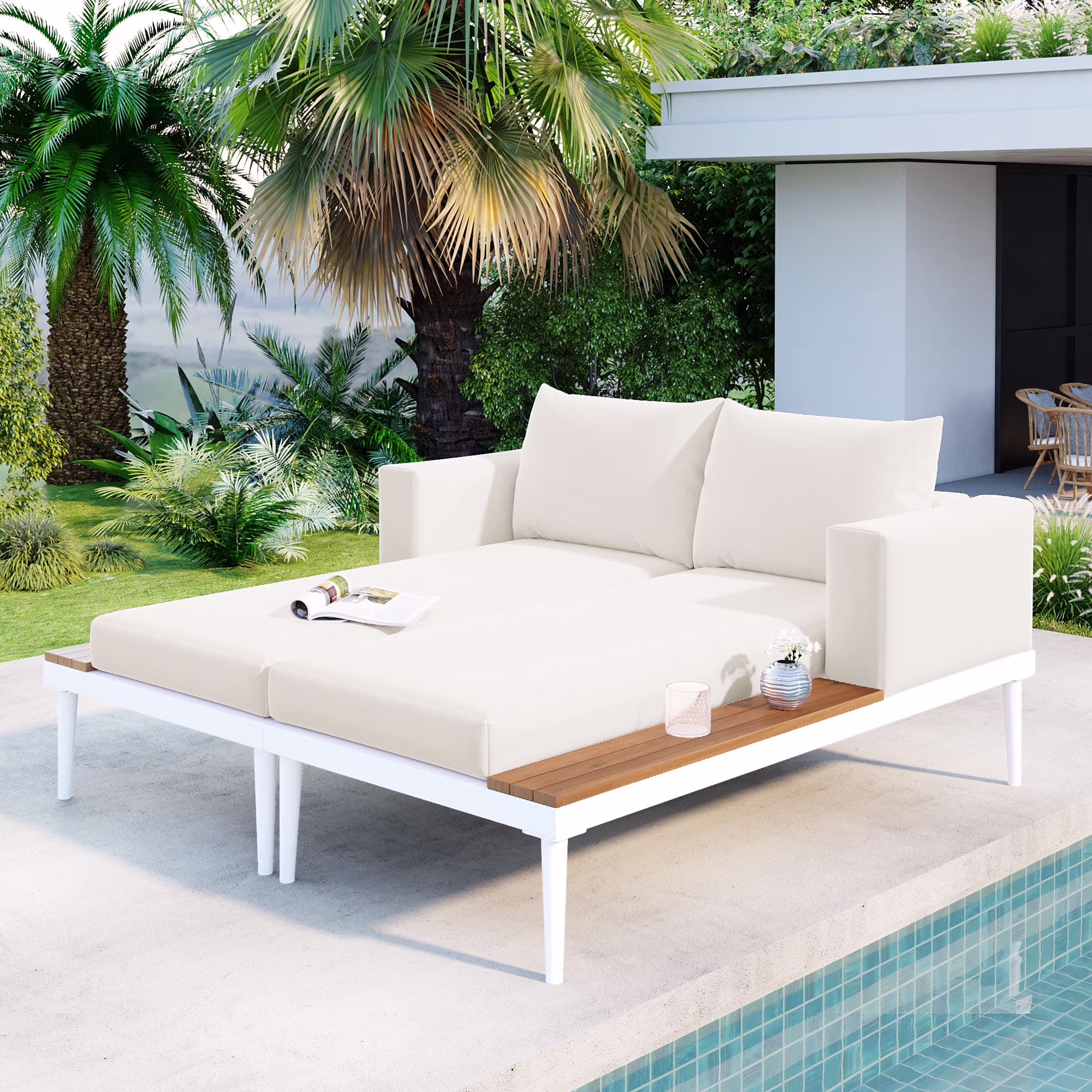Patio Outdoor Metal Daybed for 2, All Weather Outdoor Chaise Lounges Reclining Chairs with Wood Topped Side Spaces for Drinks for Poolside Balcony Deck, Gray(Gray) - Image 3