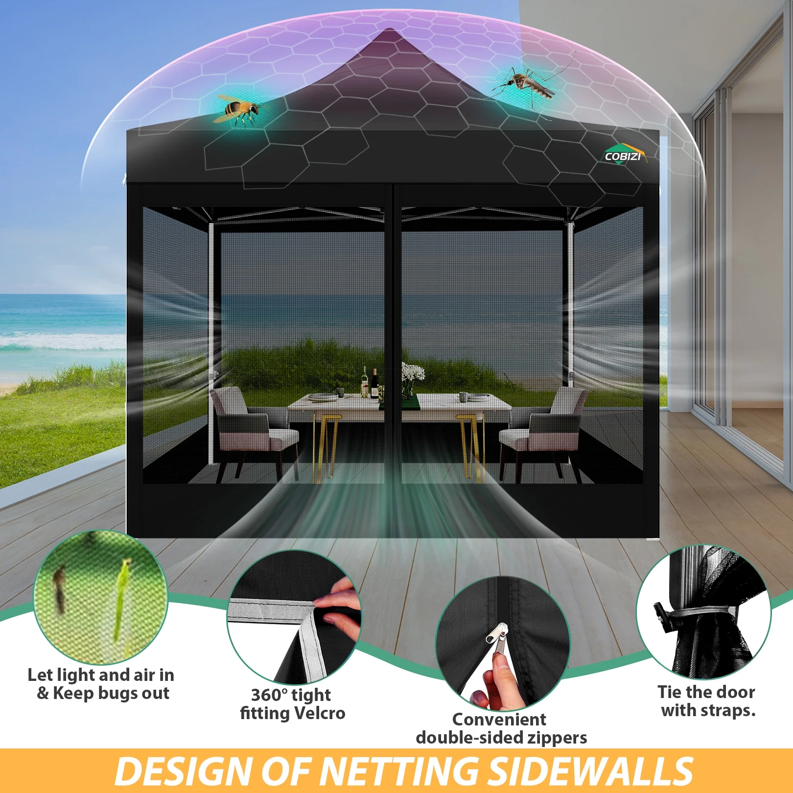 10X10 Heavy Duty Pop up Canopy with Mosquito Net,Instant Outdoor Shelter Large Canopy Tent for Outside,Gazebo with Mesh Sidewalls for Party,Backyard,Camping,Black(10 x 10/Black) - Image 2