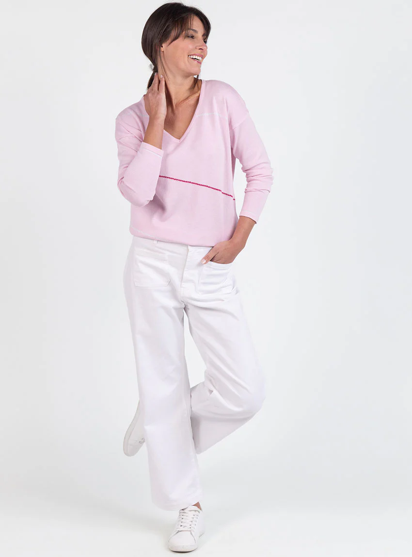 Pull femme col V en coton rose