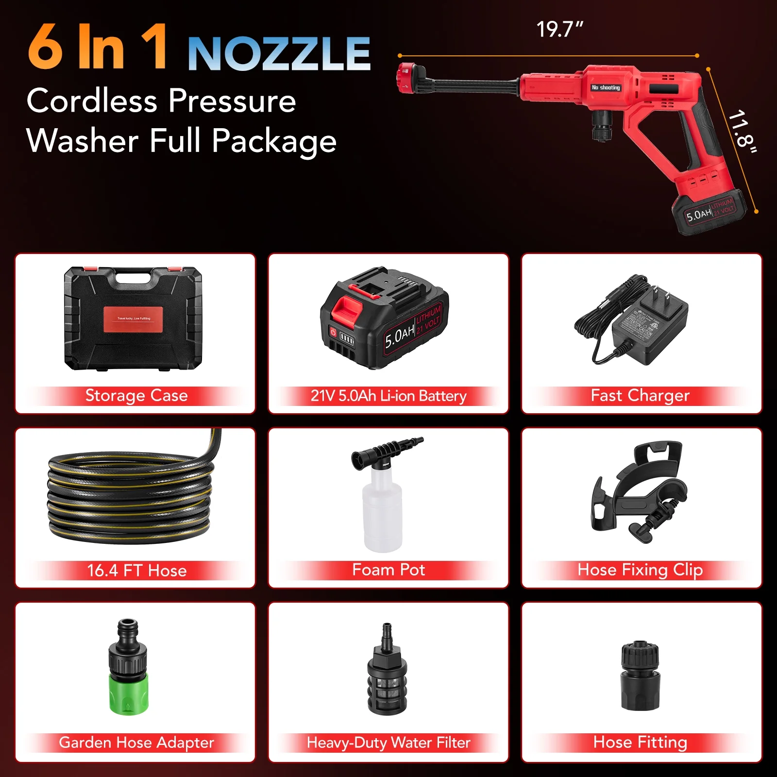 1060PSI Cordless Pressure Washer, Portable Handheld High-Pressure Car Washer with 5.0Ah Long-Lasting Battery, 3-Speed Adjustable, 2.8GPM, 6-in-1 Nozzle for Car Cleaning/Garden/Floor(Red) - Image 10