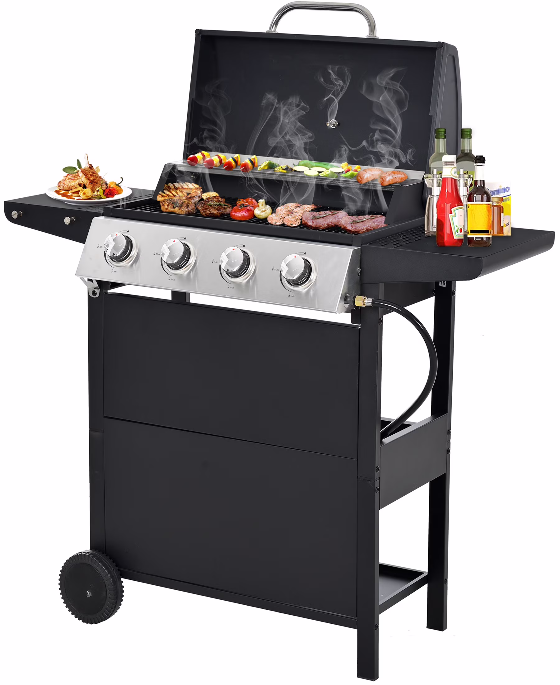 Segmart 3 Burner BBQ Propane Gas Grill, Stainless Steel 30,000 BTU Patio Garden Barbecue Grill with Folding Side Tables, Hanging Basket & Thermometer, Perfect for Camping, Outdoor Cooking