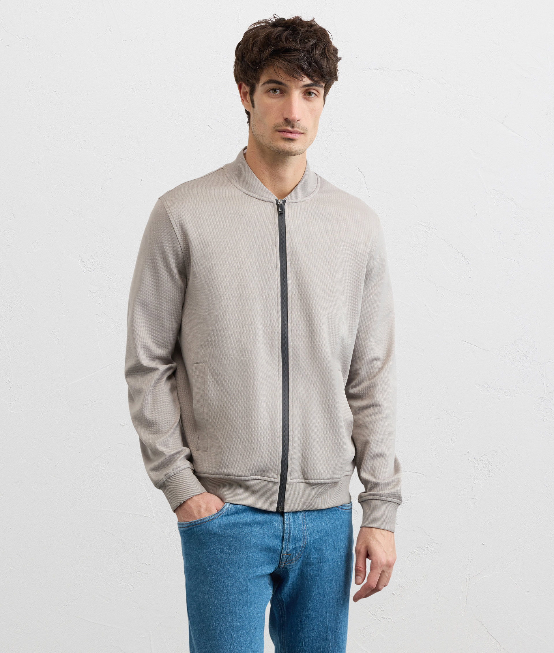 LIGHT GREY JACQUARD COTTON BOMBER SWEATSHIRT WITH ZIP AND TWO TONE PATTERN