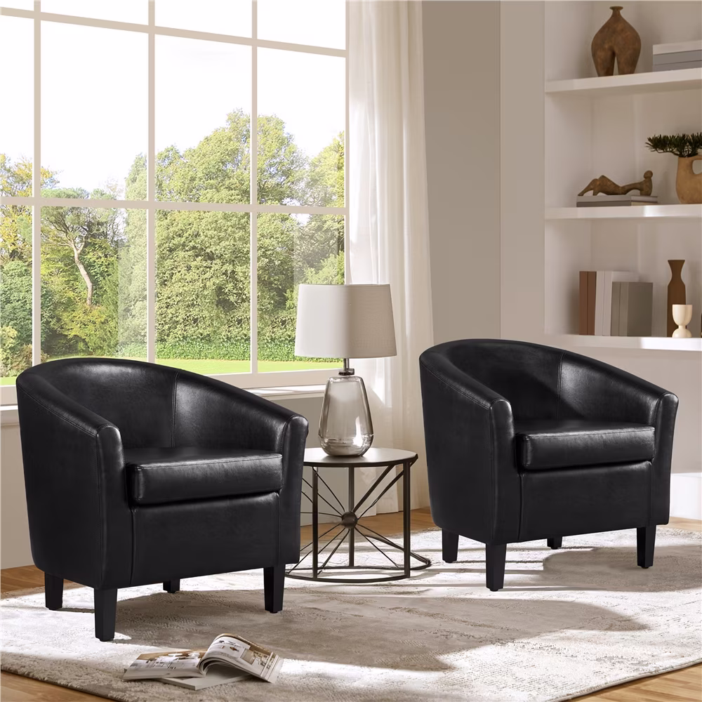 Faux Leather Barrel Accent Chair for Living Room, Set of 2, Black(Black/2 Pack)