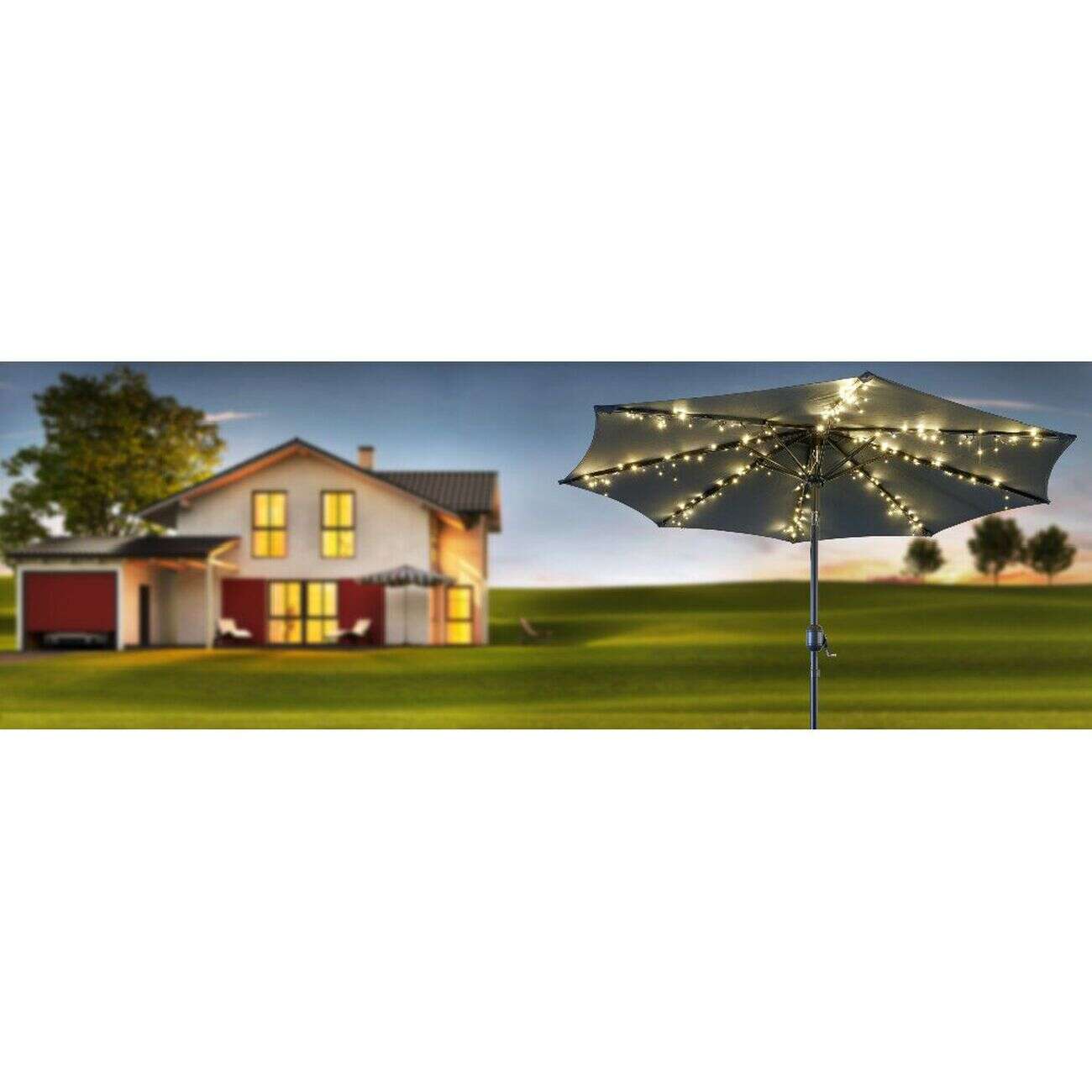 Guirlande solaire pour parasol 200 LED blanc chaud