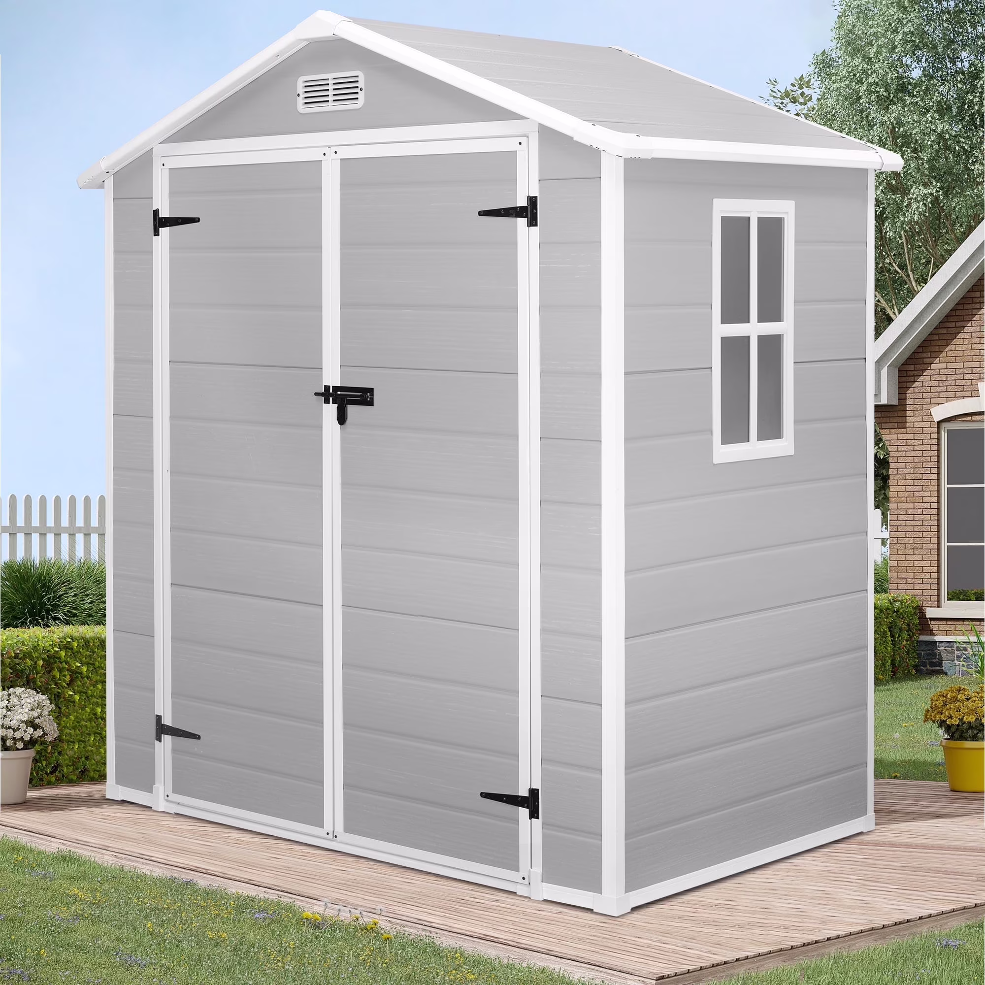 6 x 4 4FT Outdoor Storage Shed, All Weather Plastic Resin Utility Tool Large Shed with Dual Lockable Doors for Patio Backyard Lawn, Gray(6*4 Gray)