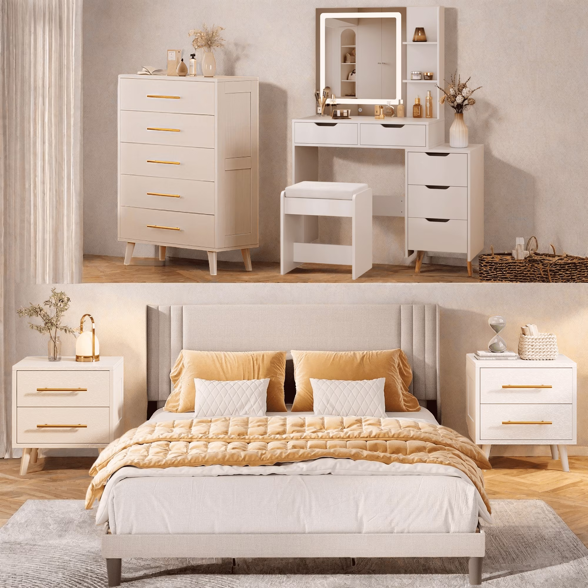 Bedroom Furniture Set Includes Queen Bed Frame, Nightstands Set of 2, 5-Drawer Dresser Vanity Desk Modern Storage Solution for Stylish Home Decor, Beige/White