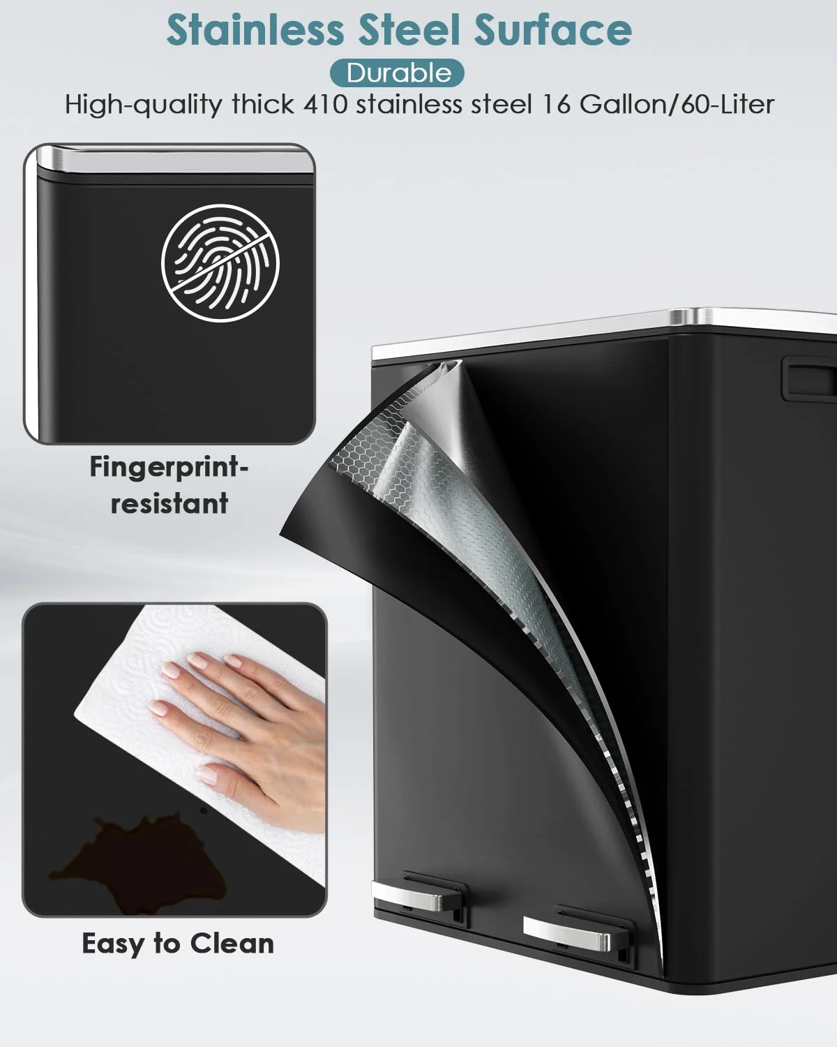 60 L/16 gal Dual Trash Can, Stainless Steel Garbage Can for Kitchen, Recycle Bin with Lid(Black) - Image 8