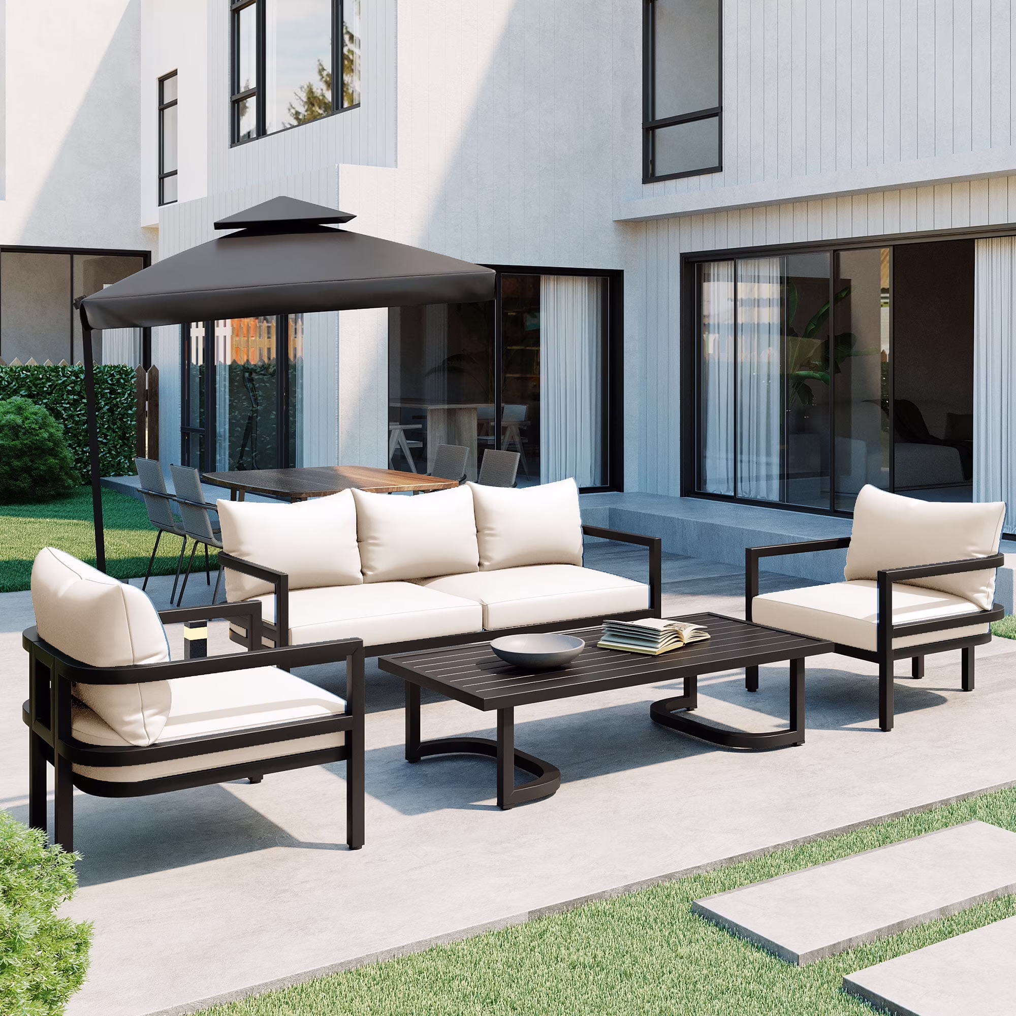 Harper & Bright Designs Metal Patio Conversation Set for 5 with cushions, All Weather Outdoor Steel Sofa Set with 3 Seat Sofa and 2 Chairs for Gardens and Lawn, Beige