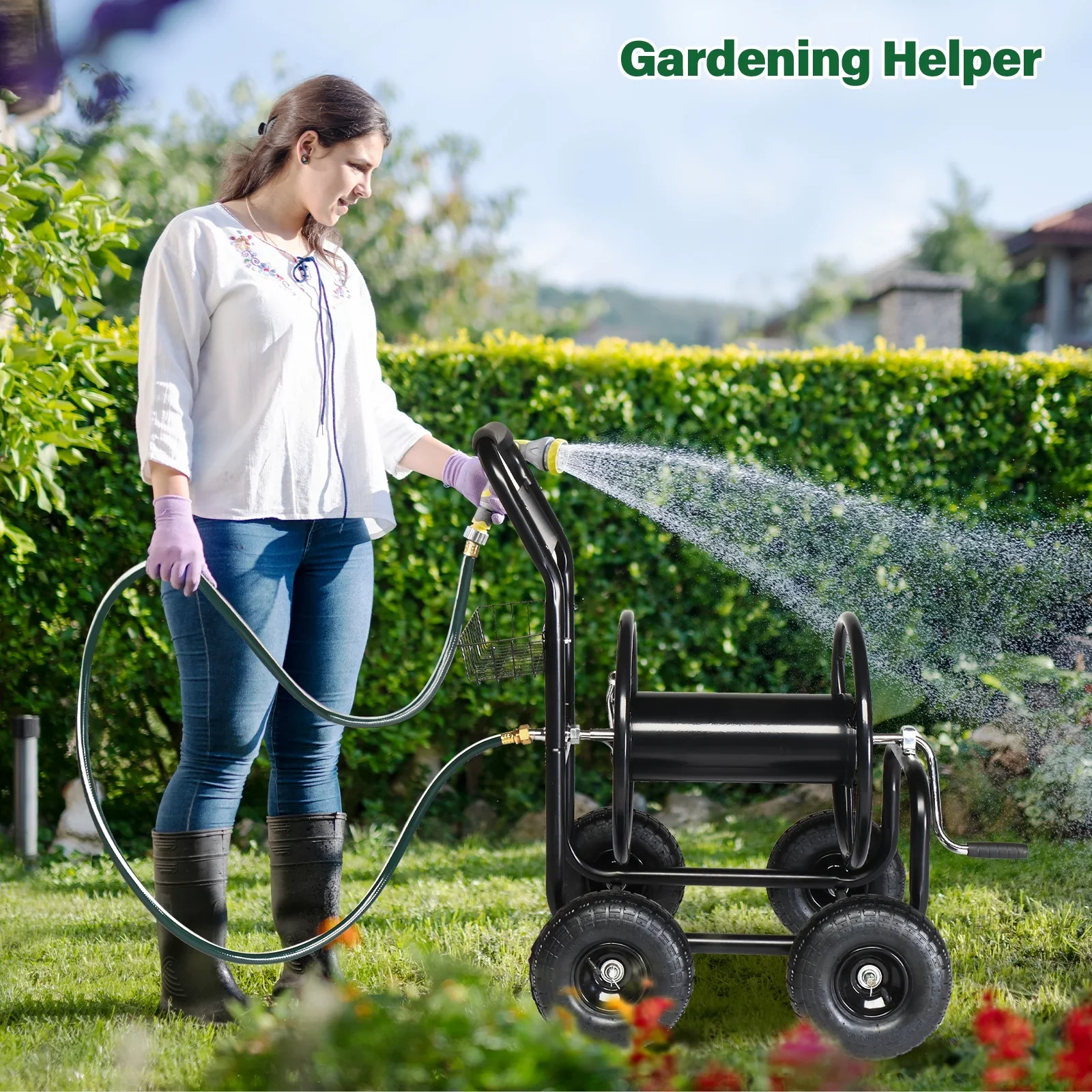 Ktaxon Garden hose cart Iron Four-Wheel Pipe Truck Dark Green