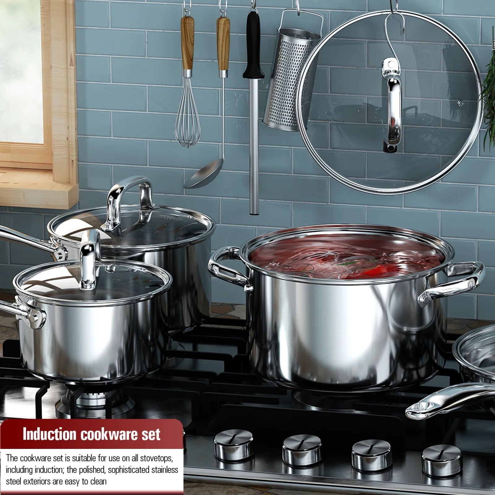 Cook N Home Pots and Pans Stainless Steel, 8 - Piece Induction Pot Kitchen Cookware Set, Silver, Oven Safe