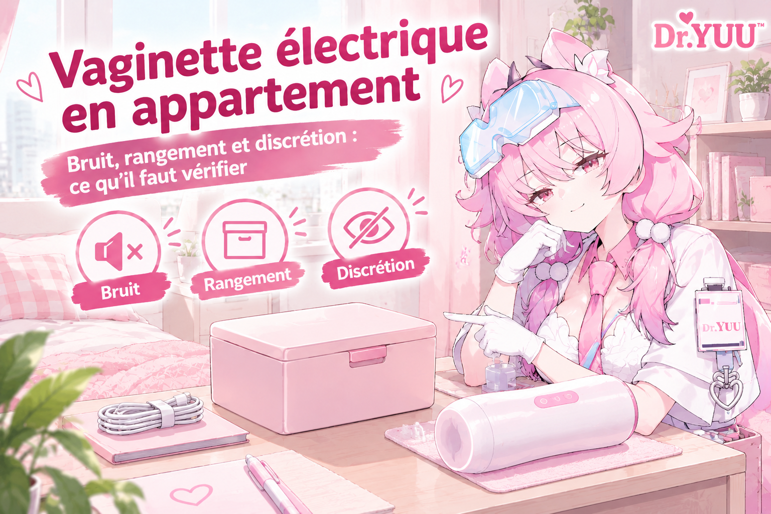 Couverture rose et blanche de style anime représentant une petite chambre d’appartement rangée, une boîte neutre et des repères de discrétion