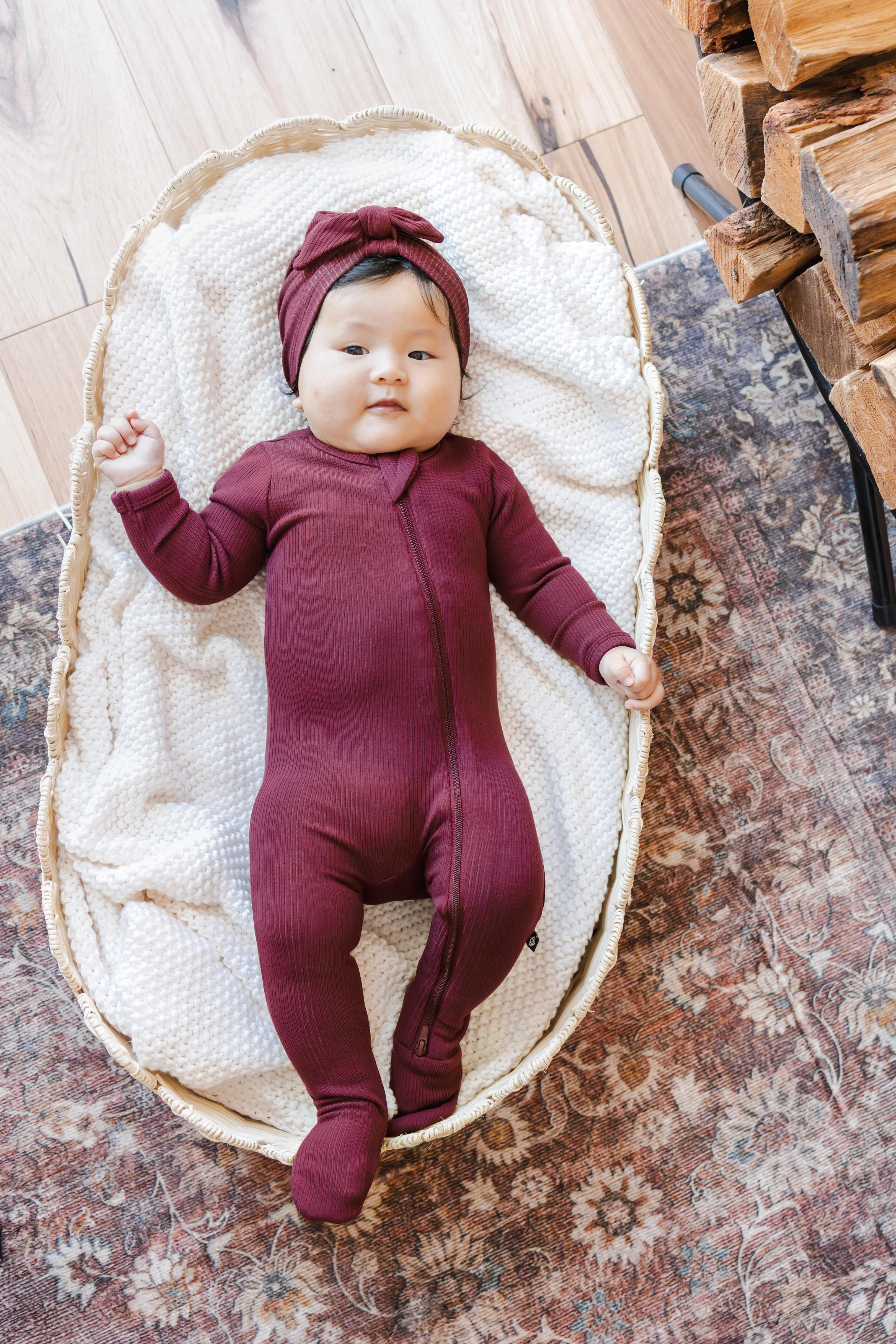 Ribbed Zipper Footie in Burgundy
