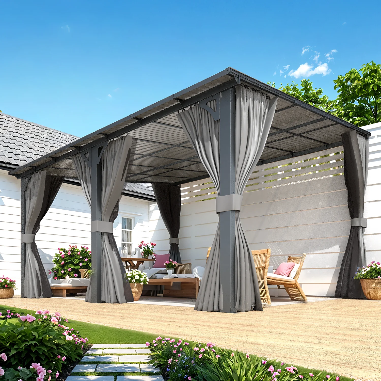 AECOJOY 14'x12' Wall Gazebo with Curtains and Mosquito Netting, Gray
