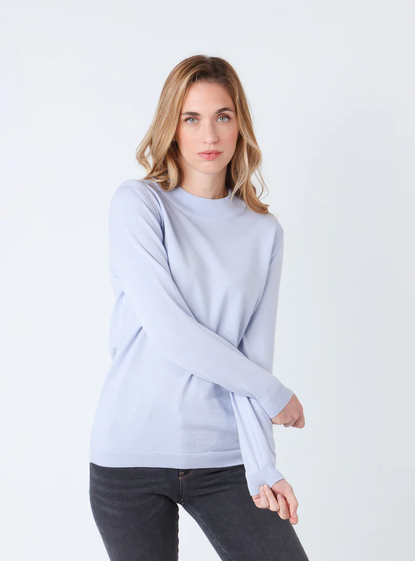 Pull femme col cheminée en laine mérinos Bleu Ciel Léger
