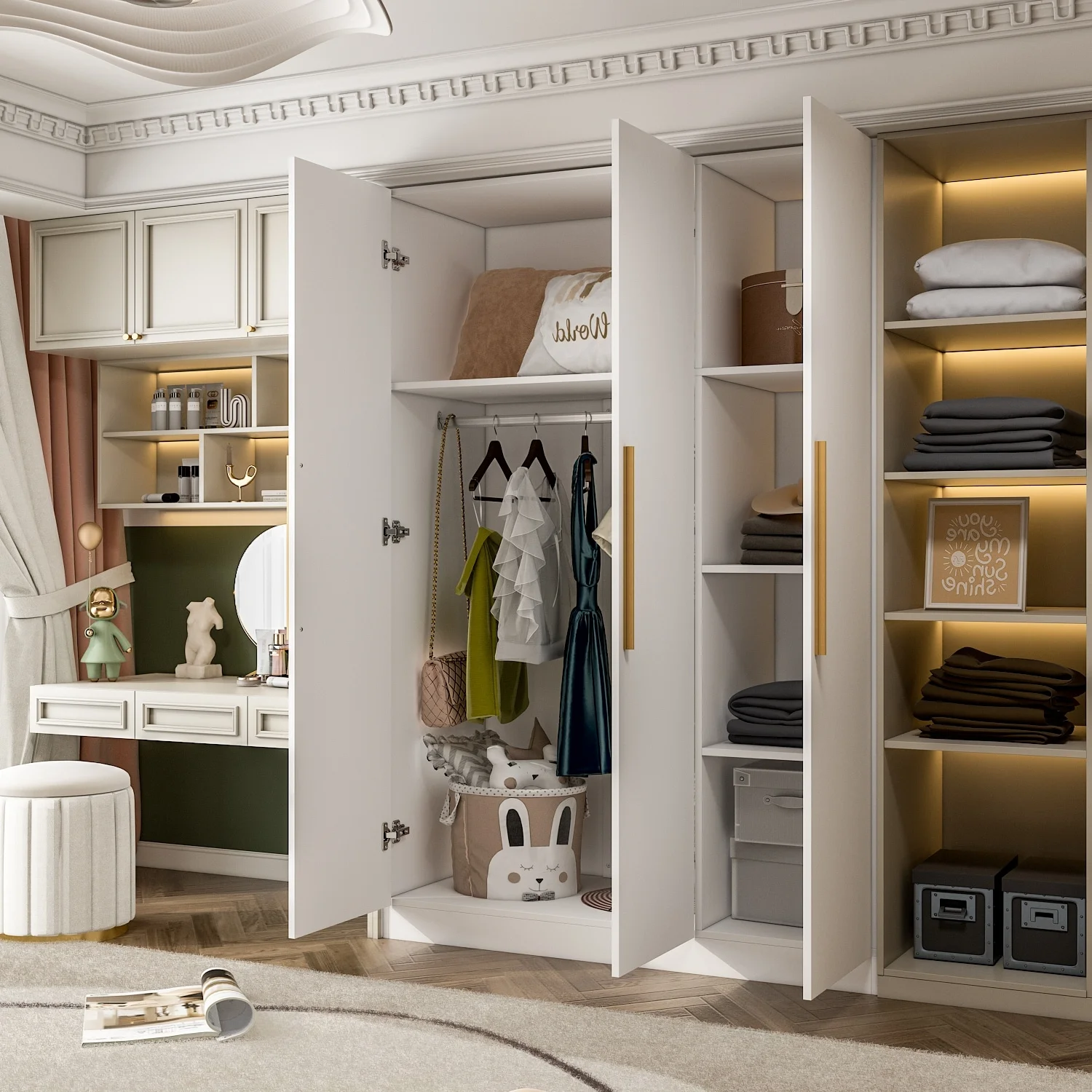 Wardrobe Armoire Wooden Closet Cabinet 6 Storage Cube and Hanging Rod White(White) - Image 4