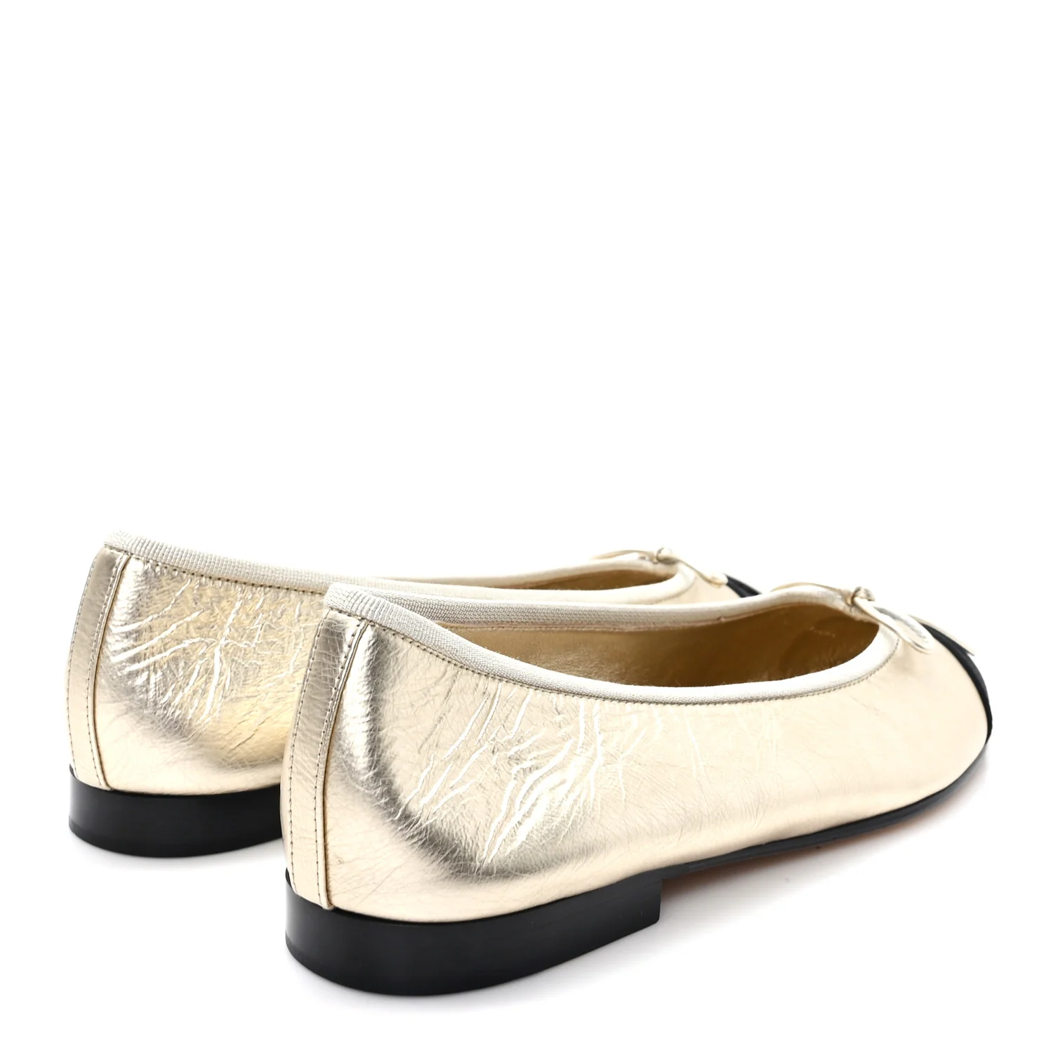 Metallic Laminated Lambskin Grosgrain CC Cap Toe Ballerina Flats 39 Light Gold Black