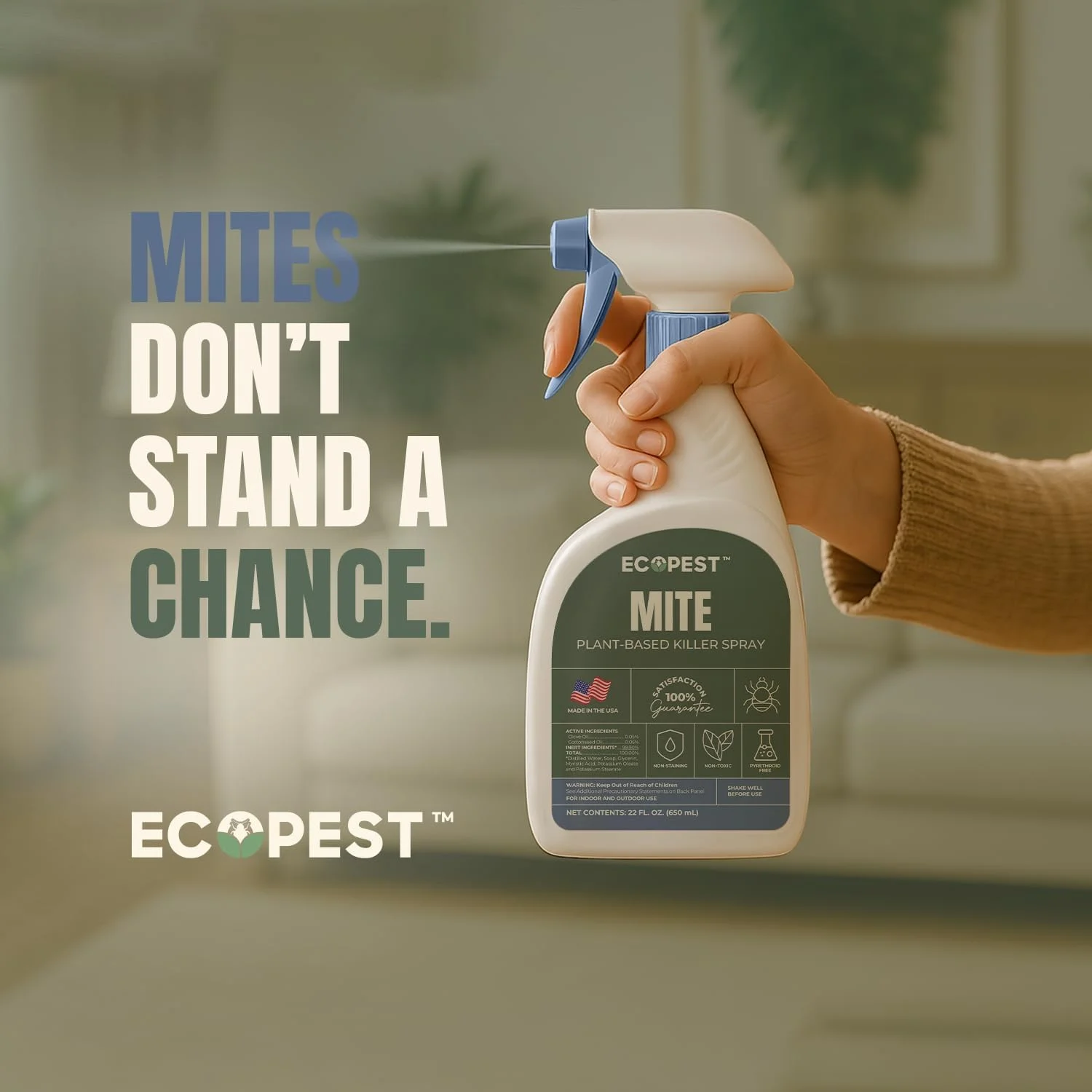 Mite Spray - Natural Killer for Dust, Bird, Spider, Scabies & Other Mites | Bedding & Furniture - Safe | Treatment for Chickens, Poultry, Dogs, Cats, Reptiles & Other Pets | Indoor & Outdoor (1 Gallon)