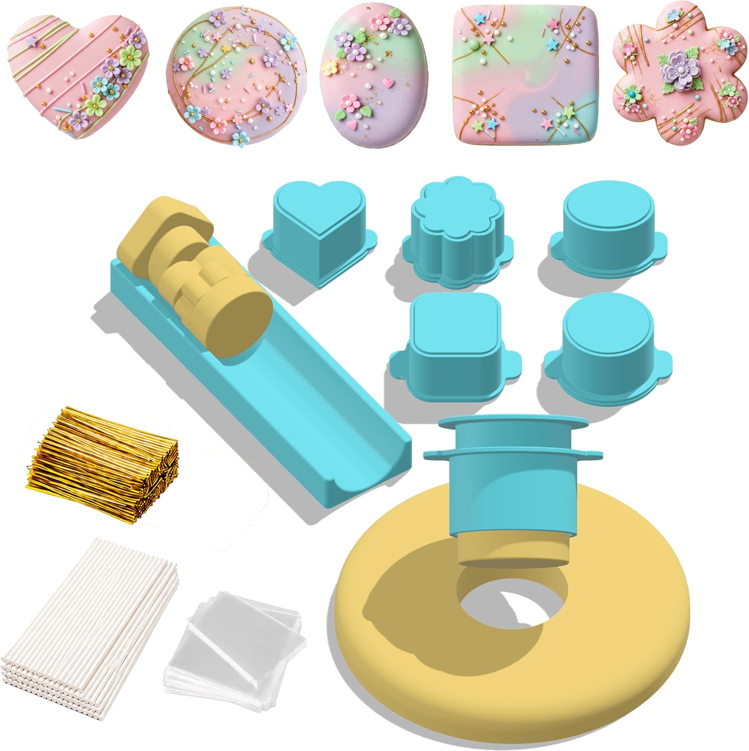 5 PCS Cake Pop Mold Set with 7.8-inch Tray, 5 Shape Cakepop Cutter