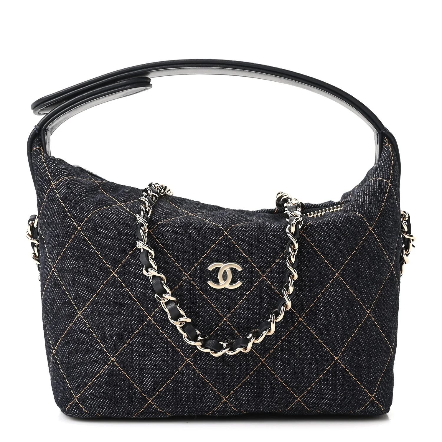 Denim Quilted Hobo Clutch With Chain Dark Blue Orange