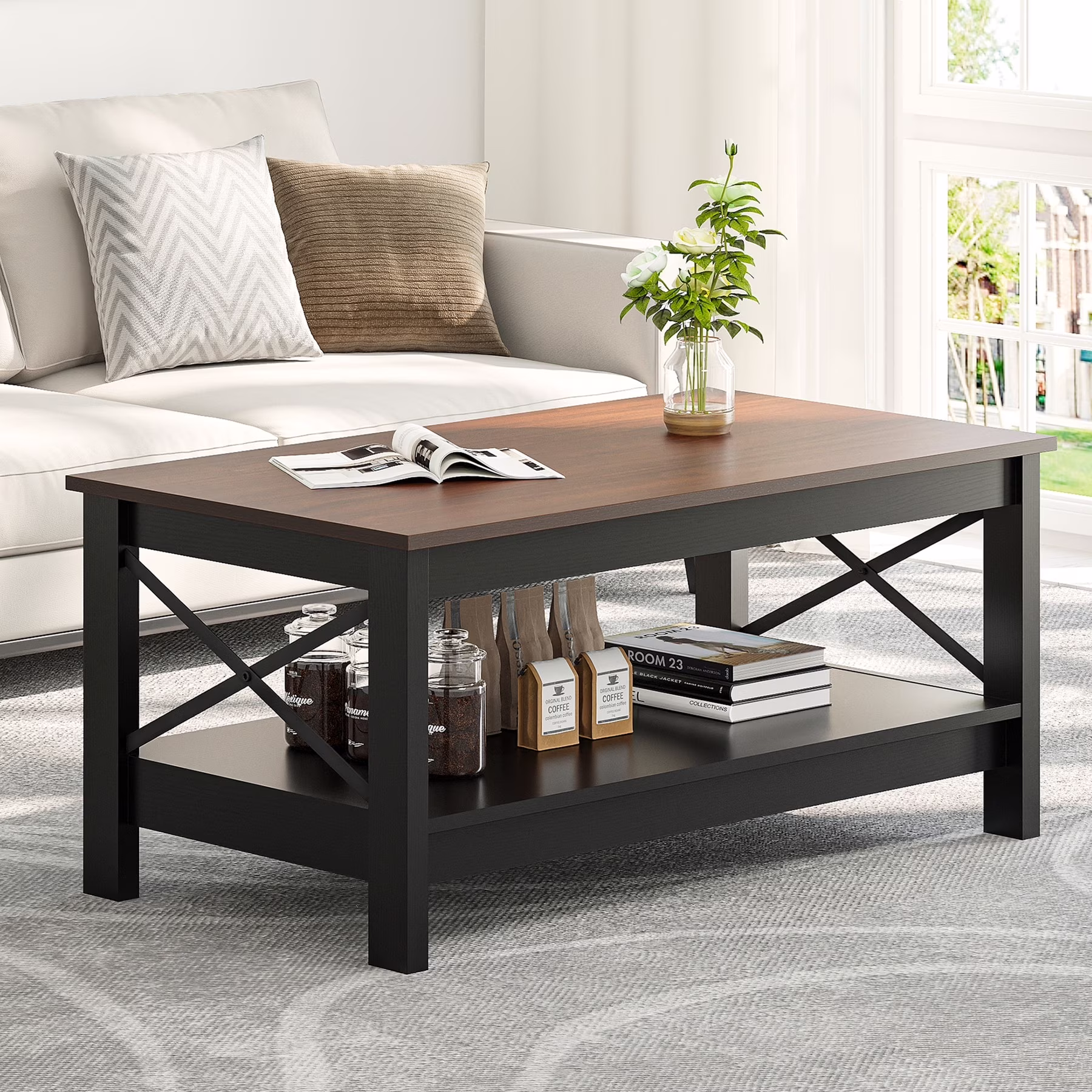 Farmhouse Coffee Table with Storage 2-Tier Center Table for Living Room Grey Wash Top+White(Grey Wash Top+White) - Image 3