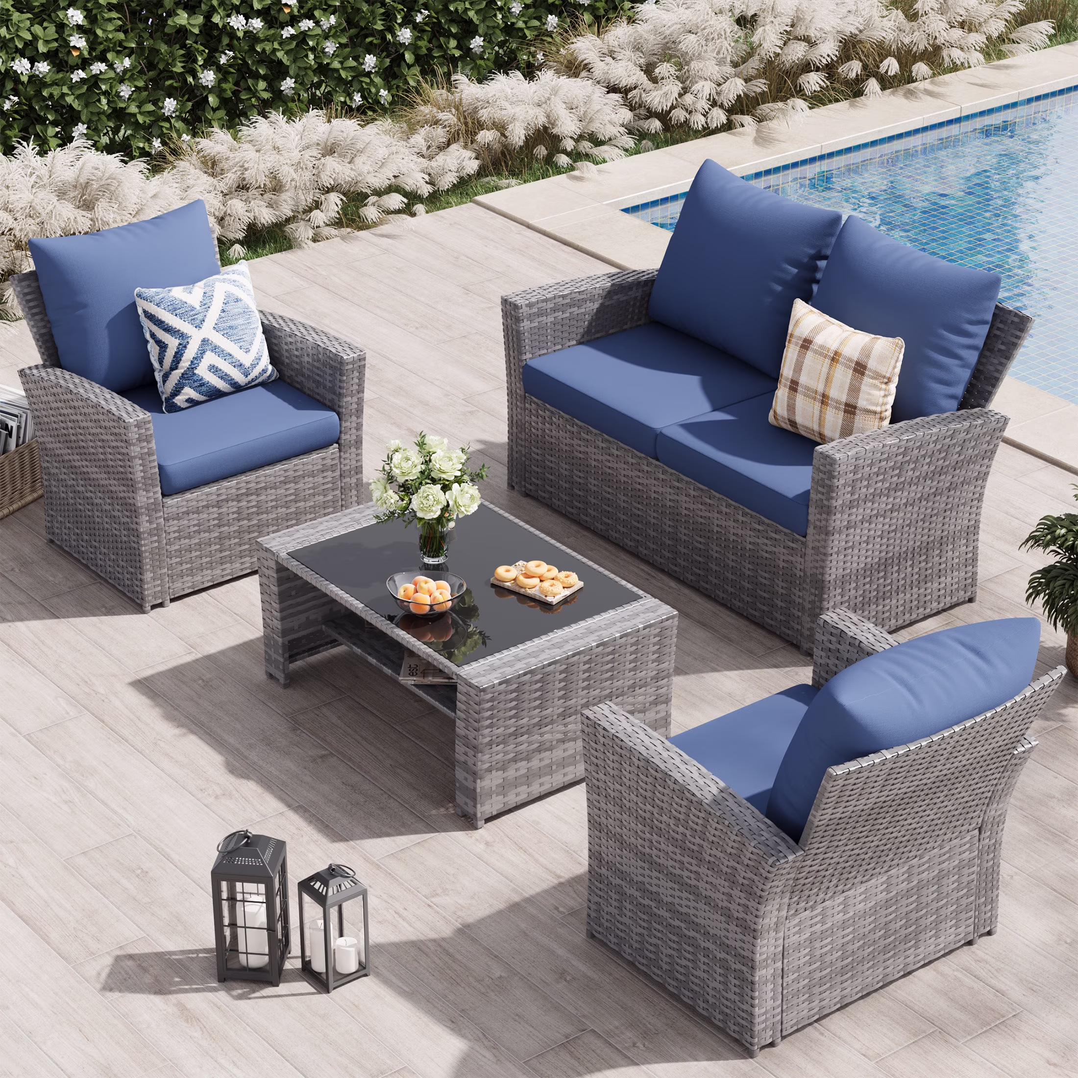 Wicker Patio Furniture Set, 4 Piece Outdoor Sectional Conversation Sets, Gray PE Rattan Patio Sofa Set for Balcony, Porch, Backyard, Grey(Gray) - Image 3