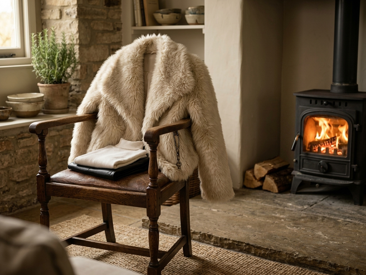 Unsafe example of a cream faux fur coat placed too close to a lit stove