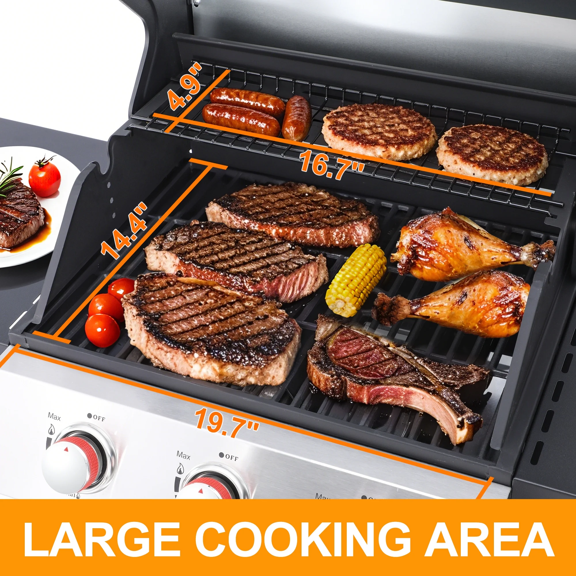 3-Burner Propane Gas Grill with 2 Foldable Side Tables, 30,000 BTU Outdoor BBQ Stainless Steel Grill with Porcelain-Enameled Cast Iron Grates and Thermometer, Easy Assembly for Patio, Backyard BBQ(Pro 3-Burner) - Image 2