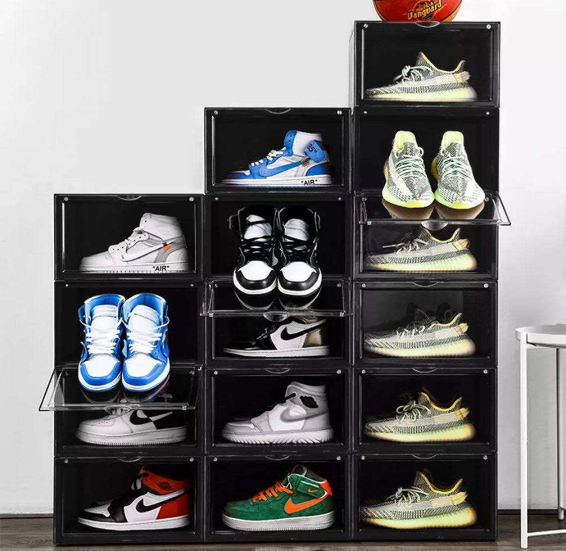 EZB - Magnetic Shoe Storage Box Drop Side/Front Sneaker Case Stackable Container XL (obsidian Black, 5 Pack)