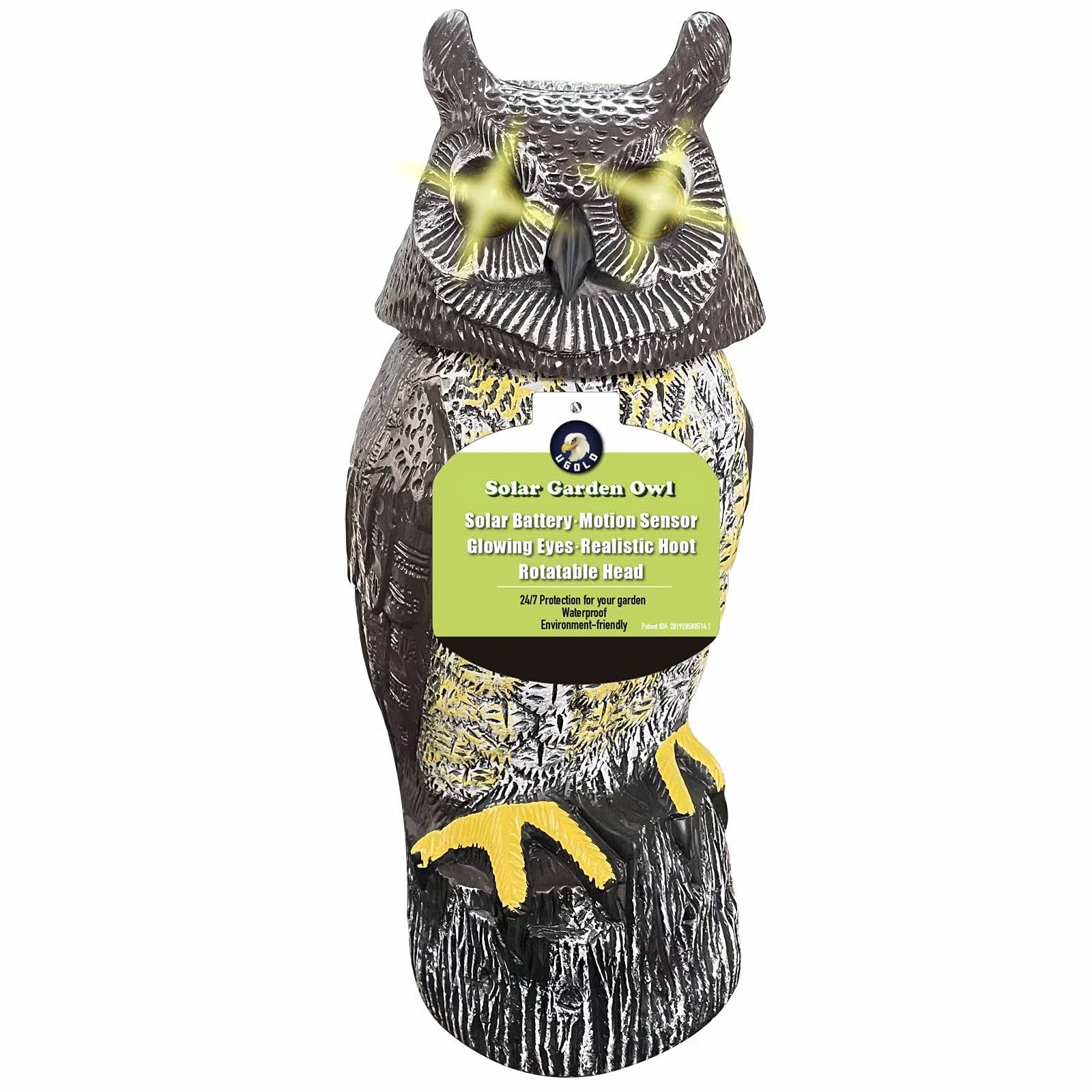 Ugold Solar Powered Owl with Detection, Silent Mode, Flashing Eyes, Rotatable Head and Realistic Hoots, Plastic Owl Decoration F