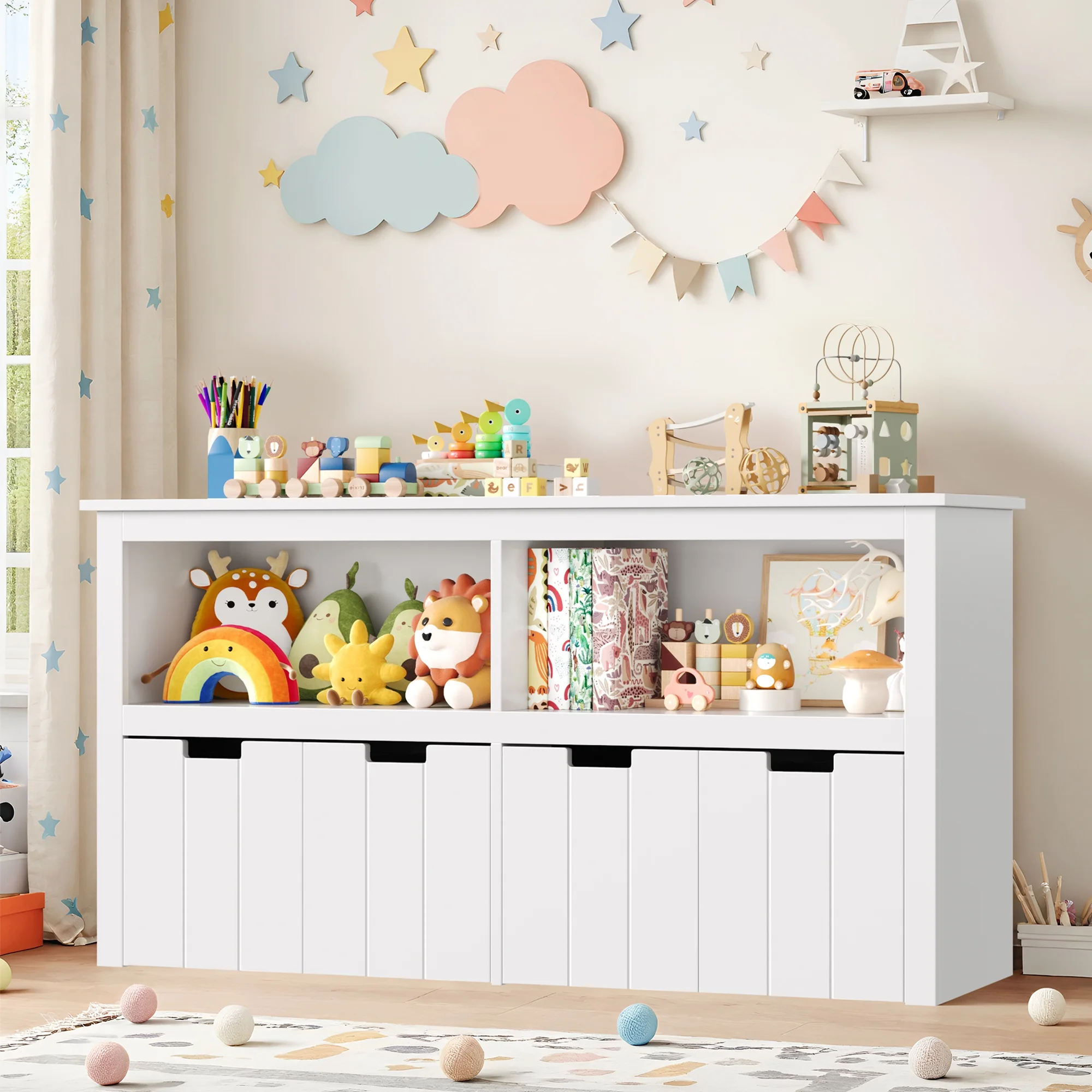Kids Toy Storage with 4 Drawers, Cubes Storage Bin with Shelves and Wheels for Kids Living Room, White(White) - Image 7