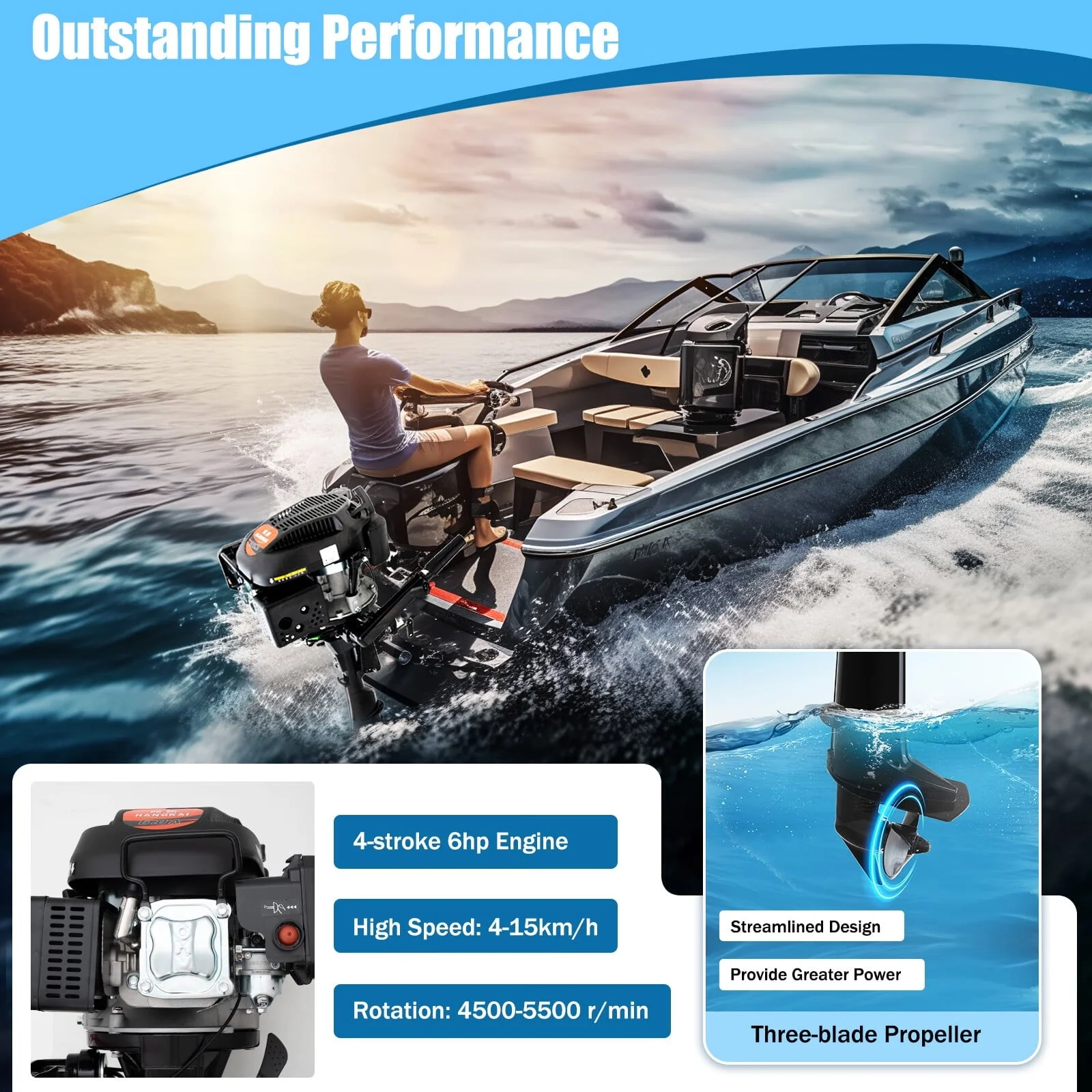 6HP 4 Stroke 140CC Outboard Motor Heavy Duty Inflatable Fishing Boat Gasoline Engine Manual Start TCI Air Cooling System 4500 5500Rpm(Joystick Length 15 35in) Image 7