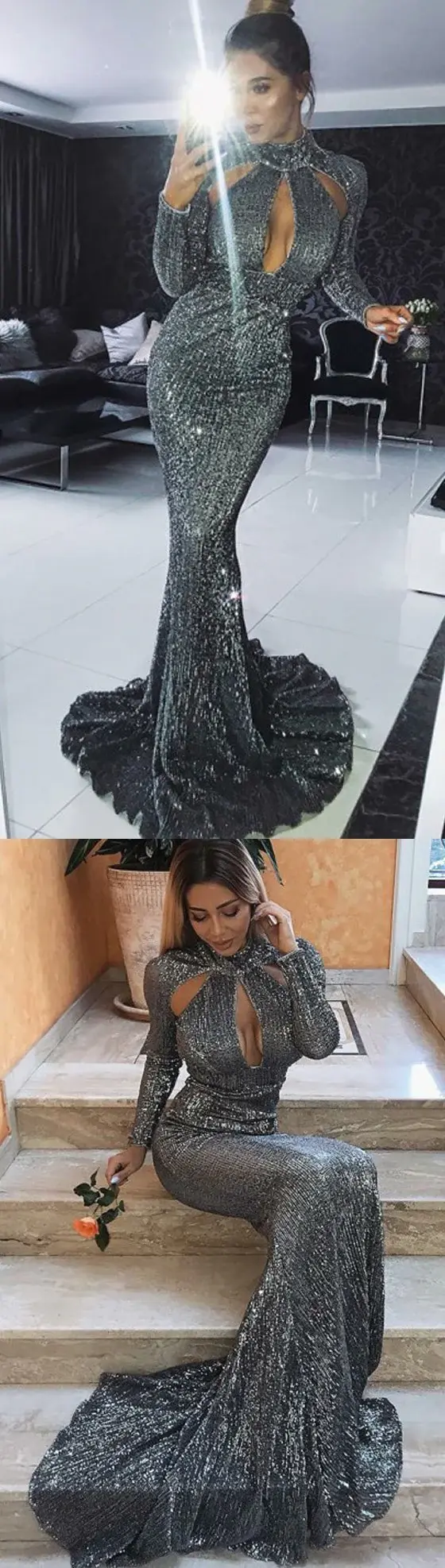 Sexy Long Sleeves Sequin Mermaid Shinning Sweep Train Cheap Prom Dresses DME51