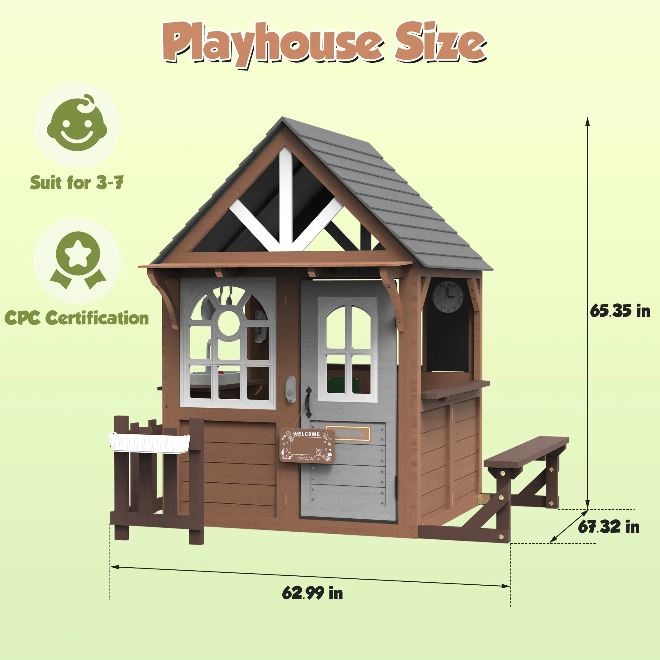 Outdoor Playhouse, Wooden Playhouse for Kids Toddlers, Large Kids Playhouse with Bench/Fence/Kitchen/Door Nameplate/Pretend Phone, Girls Boys Outdoor Toy Gift for Ages 3+, (62.99"W* 67.32"L) - Image 8