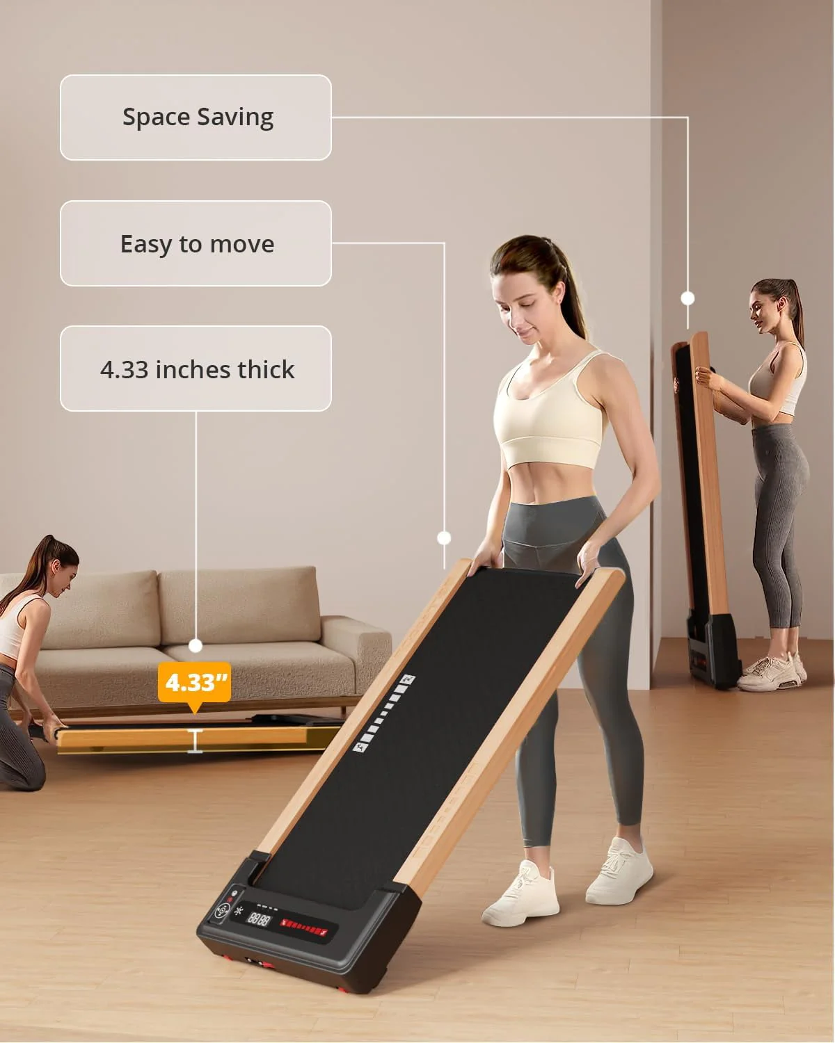 2 5HP Walking Pad Wood Under Desk Treadmill, Portable Mini Treadmill with Remote Control, Bluetooth, 265lbs Capacity, Installation Free Jogging Machine for Home/Office Image 7