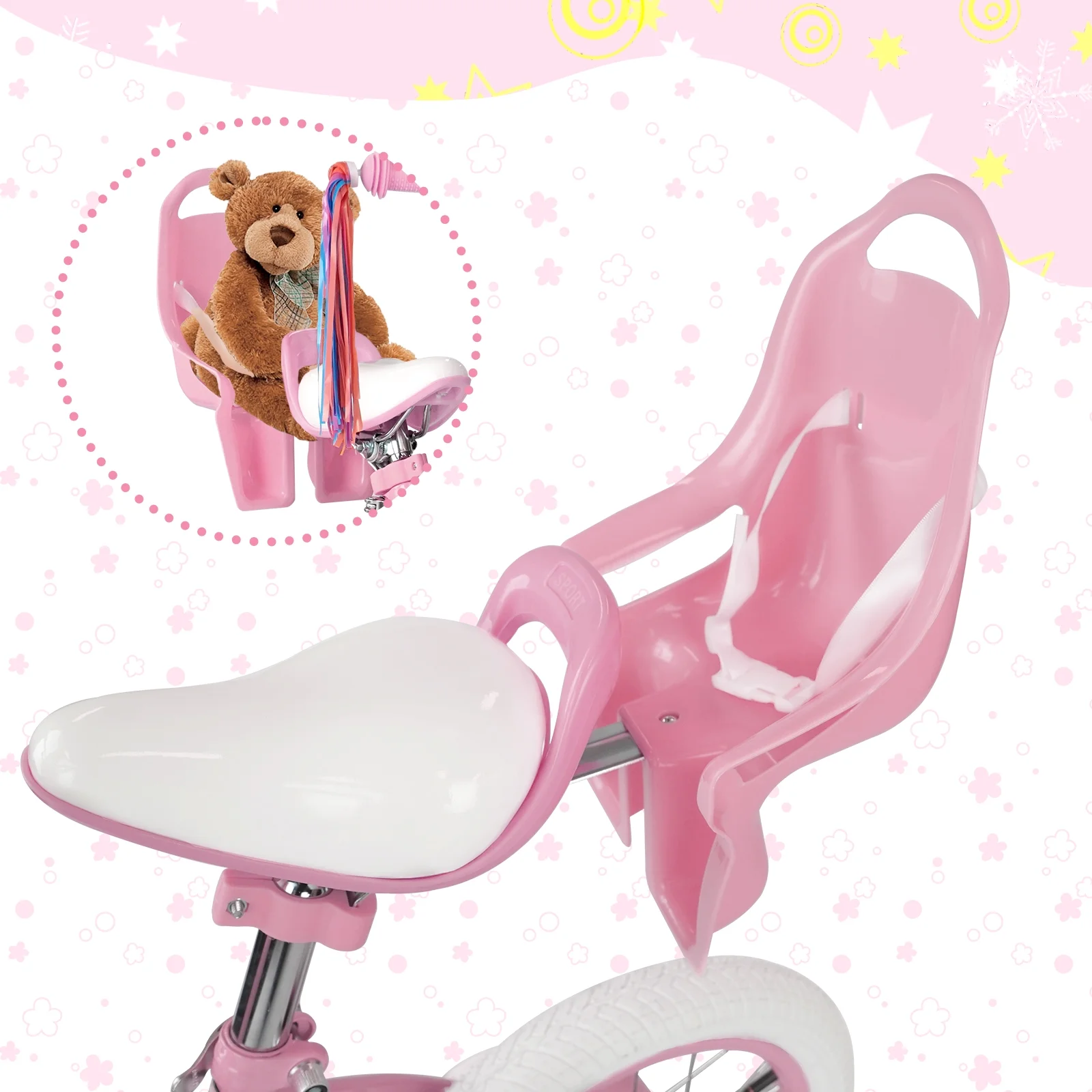 XJD Girls Bike for Toddlers 3 - 9 Years Old Kids, 14 in Kids Bike with Training Wheels, Streamers, Basket and Doll Seat, Children Bicycles with Handbrake
