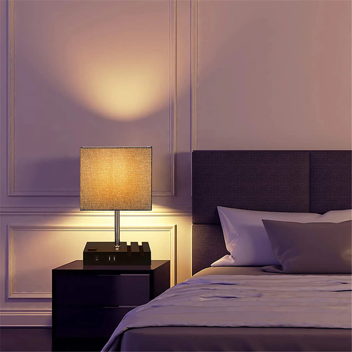 Touch Control Table Lamp with 2 USB Charging Ports, 1 AC Outlets and 2 Phone Stands, Modern USB Desk Lamp with Black Wooden Base and Grey Shade Suitable for Bedroom, Living Room Image 7