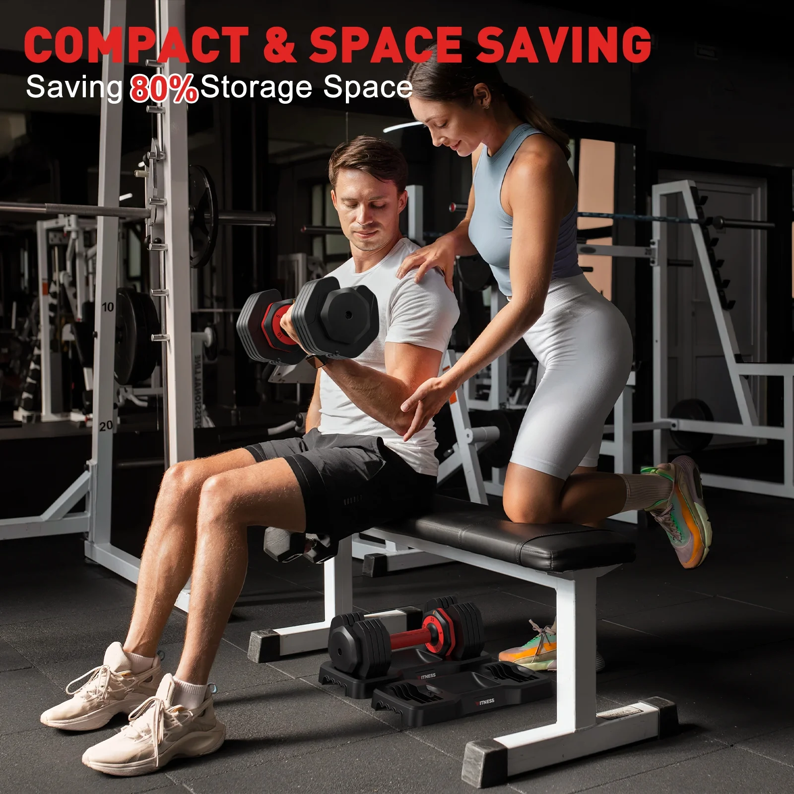 50lb(25lb*2) 5 in 1 Adjustable Dumbbells 25LB set of 2 Adjustable Free Weights Plates and Rack Hand Weights for Women and Men Adjust Weight for Home Gym Full Body Workout Fitness(50lbs(25lb*2)/Black+Red) - Image 3