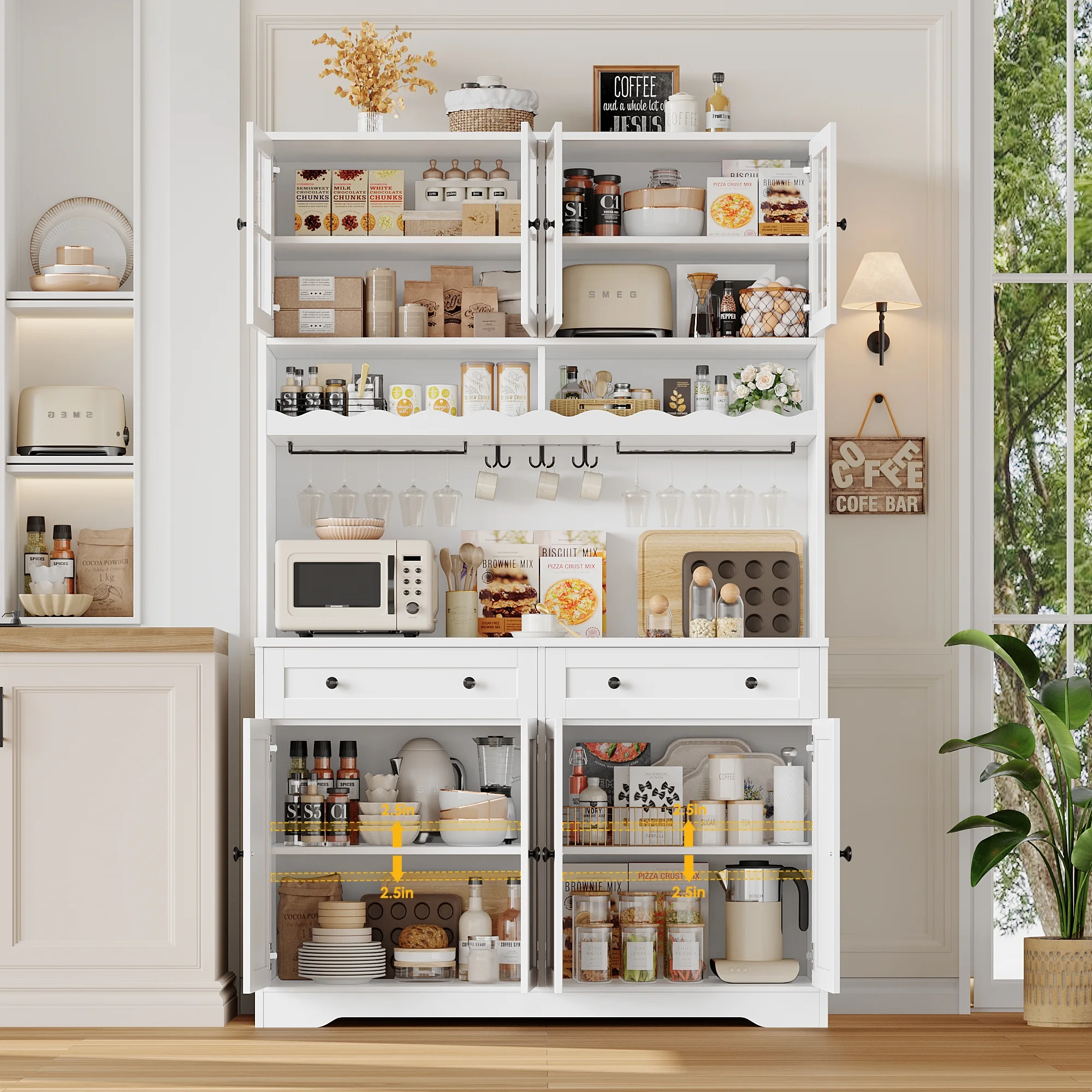 75"Tall Kitchen Pantry Storage Cabinet with Power Outlet, Large Pantry Cabinet with Microwave Stand, Modern Freestanding Cupboard Hutch for Home Dinning Room, White(White) - Image 4