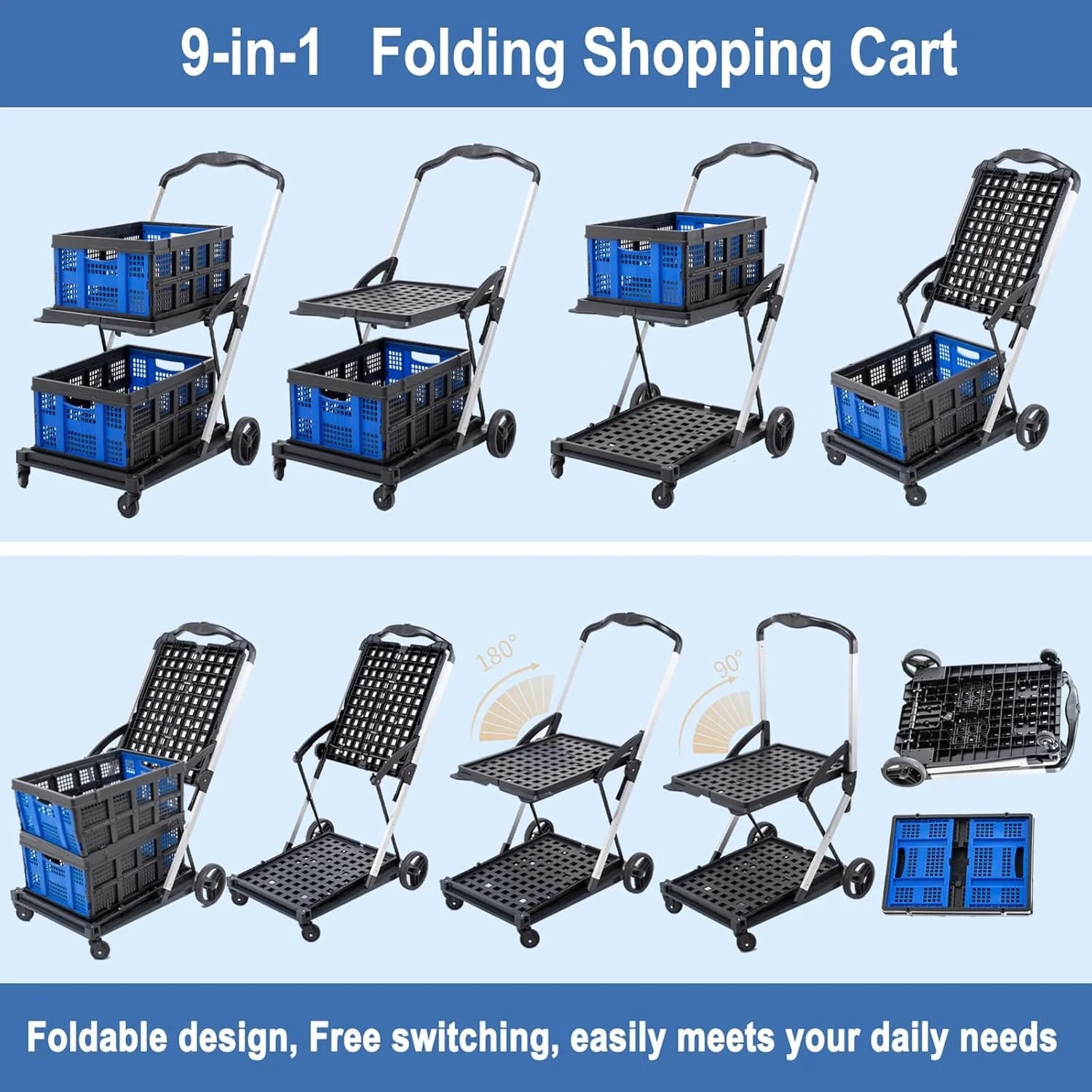 Foldable Grocery Cart with Wheels and Removable Storage Crate, Collapsible Shopping Cart, 2-Tier Portable Utility Cart for Home, GroceriesSupermarket - Image 3