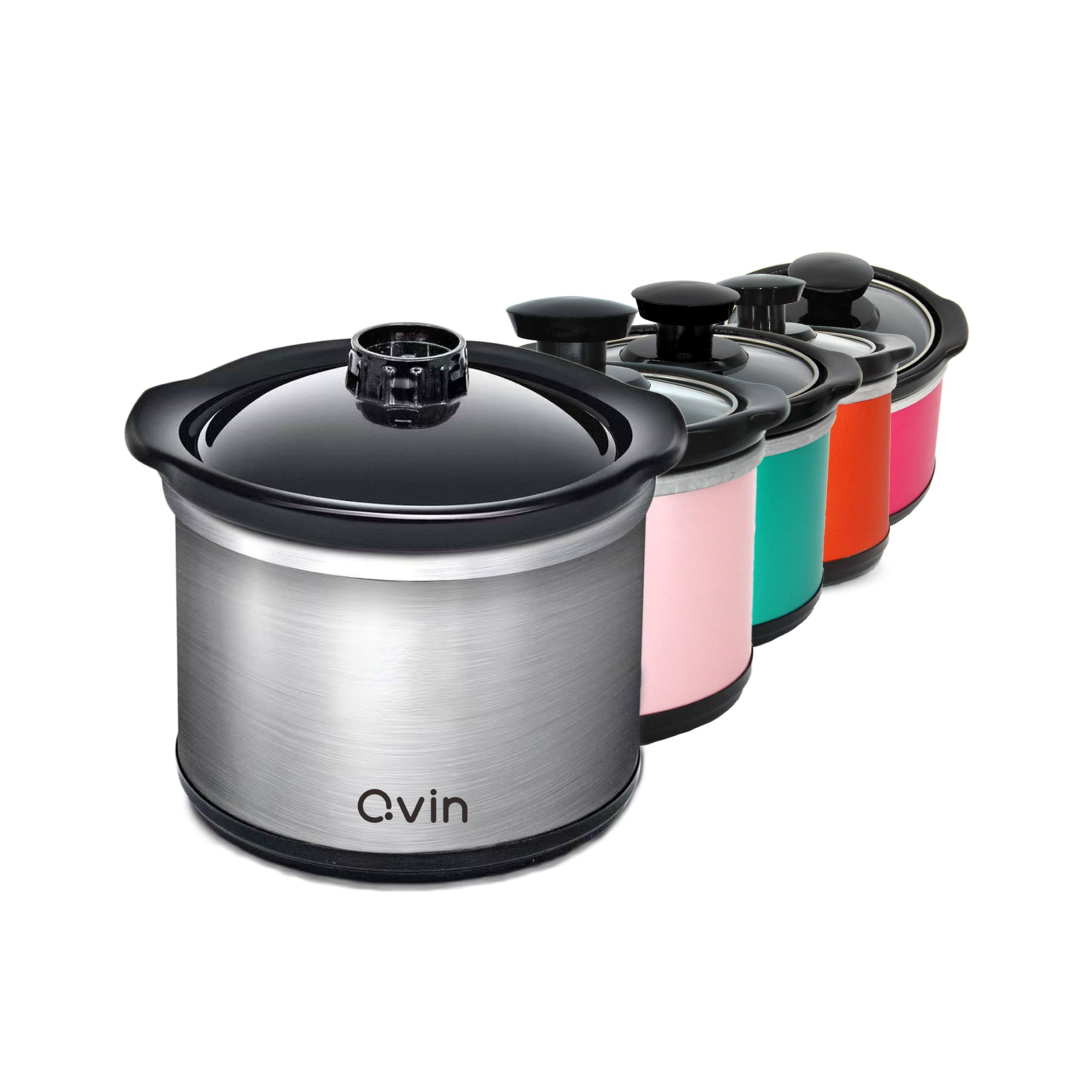 Qvin 0.65-qt Mini Round Slow Cooker, Fondue Melting Pot Warmer with Diswasher-safe Stoneware Crock, Glass Lid, Stainless Steel and Black