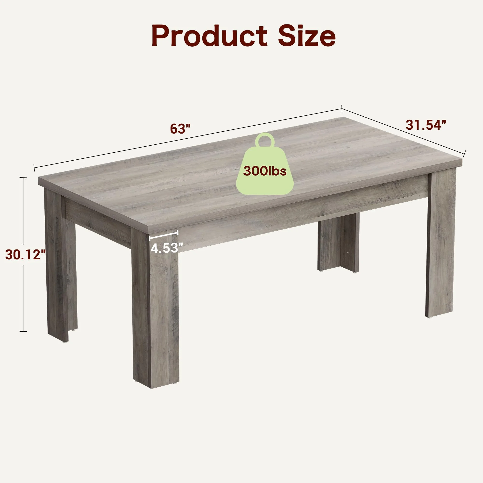 Dining Table for 4-6,63-inch Dining Tables for 4,Farmhouse Kitchen Table with Large Tabletop,Rectangular Dining Room Table,Kitchen Dining Table Dinner Table for Kitchen,Living Room��Only table��(grey-1.18" Thickened Tabletop) - Image 2